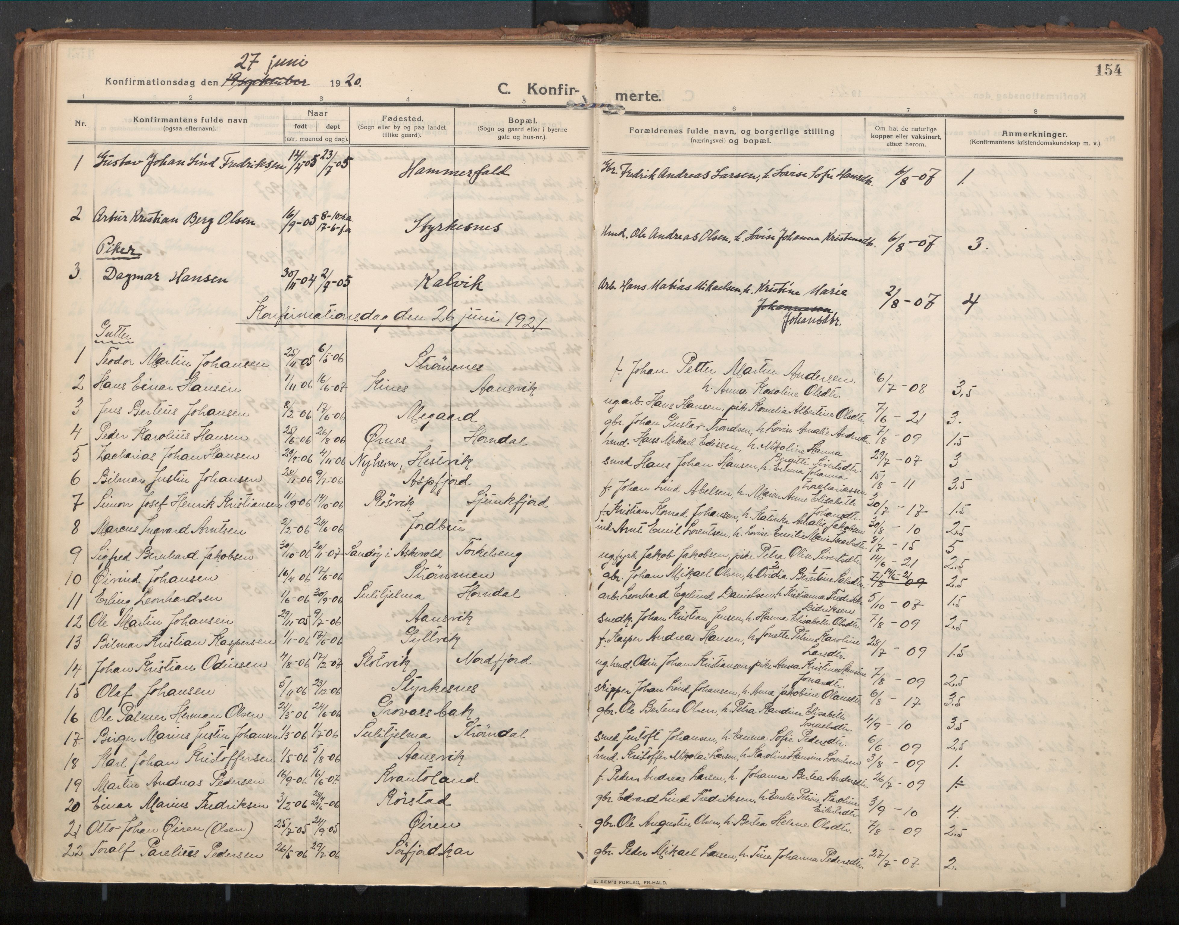 Ministerialprotokoller, klokkerbøker og fødselsregistre - Nordland, SAT/A-1459/854/L0784: Parish register (official) no. 854A07, 1910-1922, p. 154