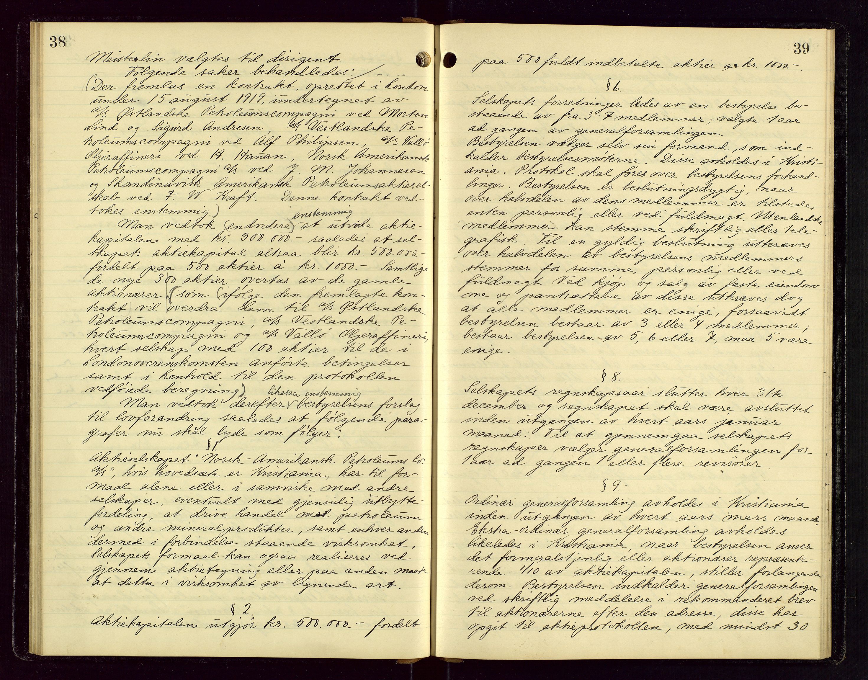 PA 1535 - Norsk-Amerikansk Petroleumscompani A/S, AV/SAST-A-101955/A/Aa/L0001/0001: Styre- og generalforsamlingsprotokoller / Styre - Generalforsamling, 1906-1931, p. 38-39