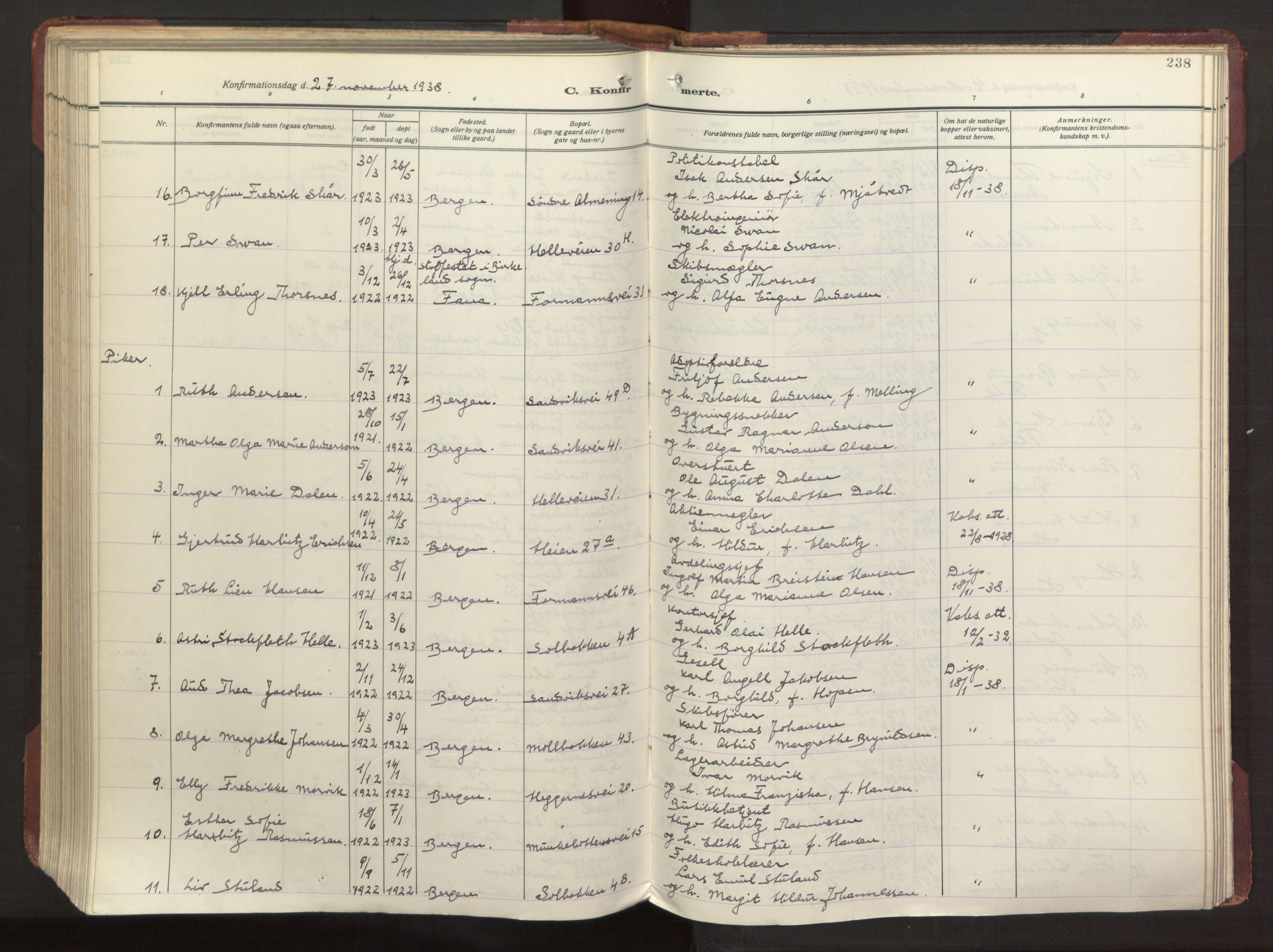 Sandviken Sokneprestembete, AV/SAB-A-77601/H/Ha/L0013: Parish register (official) no. C 4, 1926-1943, p. 238