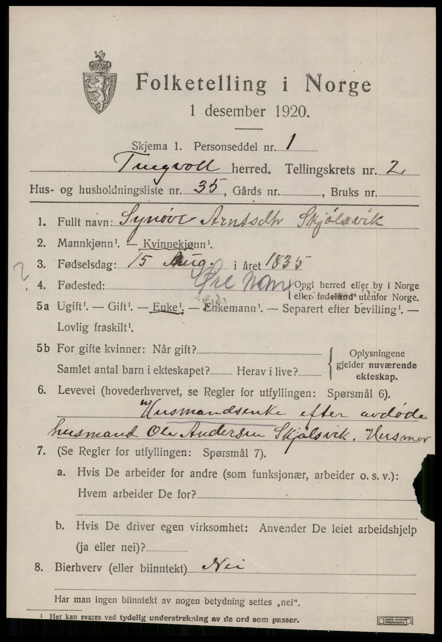 SAT, 1920 census for Tingvoll, 1920, p. 1632