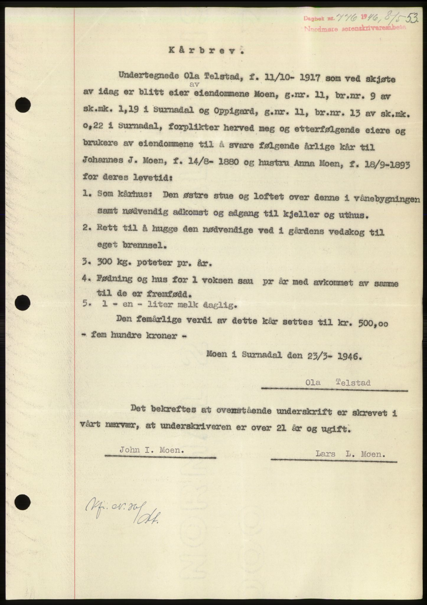 Nordmøre sorenskriveri, AV/SAT-A-4132/1/2/2Ca: Mortgage book no. B94, 1946-1946, Diary no: : 776/1946