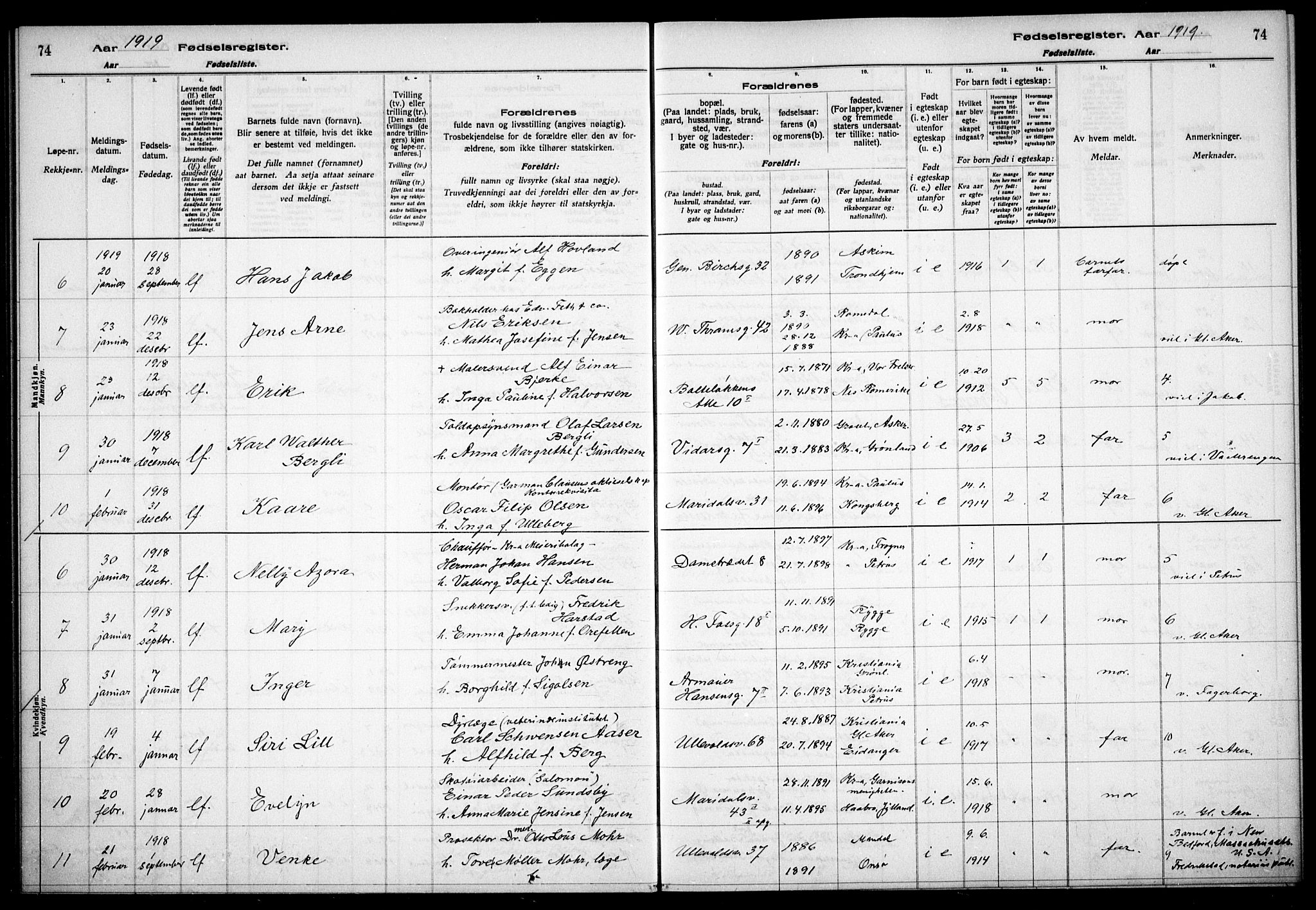 Gamle Aker prestekontor Kirkebøker, SAO/A-10617a/J/L0001: Birth register no. 1, 1916-1927, p. 74