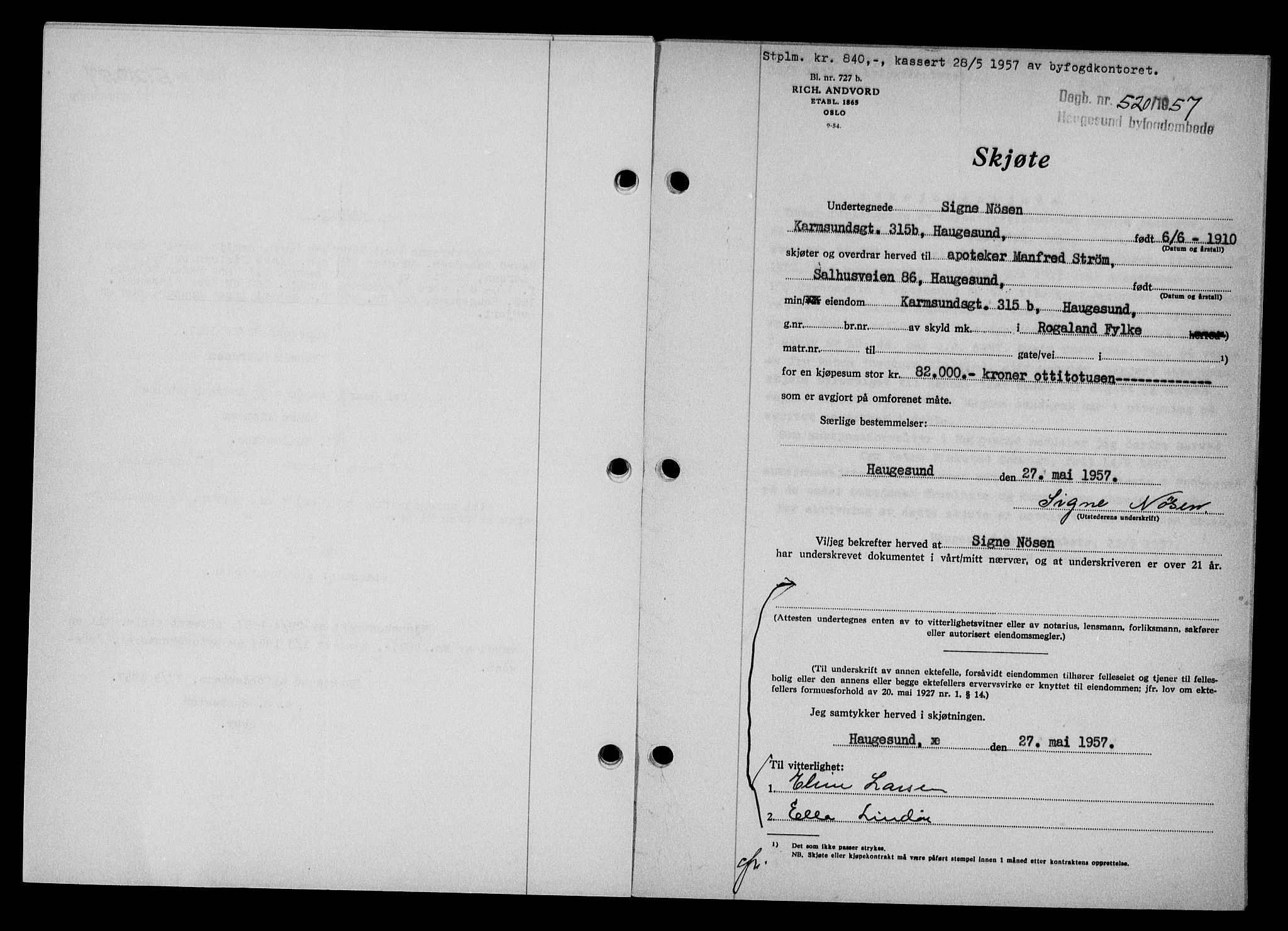 Haugesund tingrett, AV/SAST-A-101415/01/II/IIC/L0068: Mortgage book no. A 9, 1956-1958, Diary no: : 520/1957