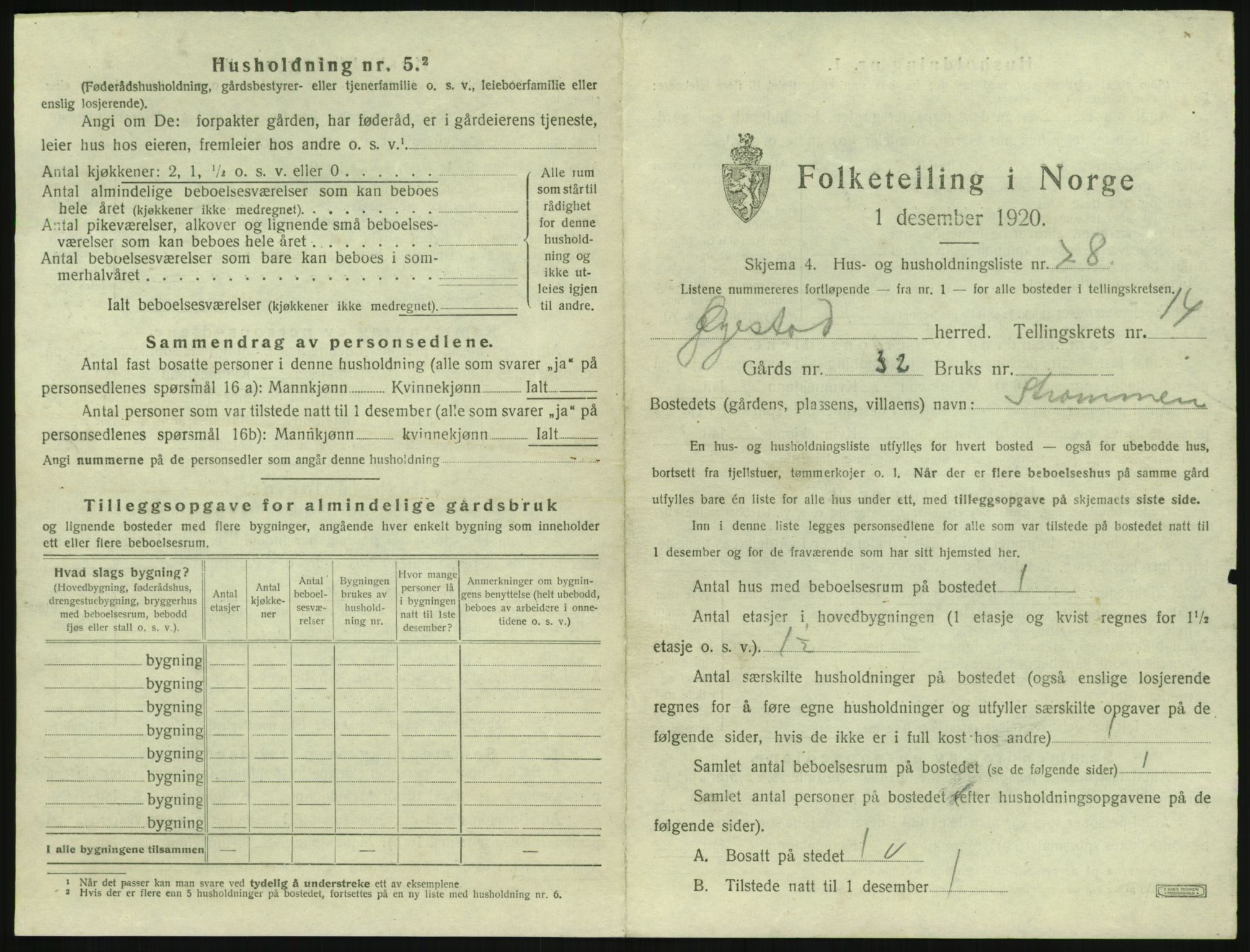 SAK, 1920 census for Øyestad, 1920, p. 1712