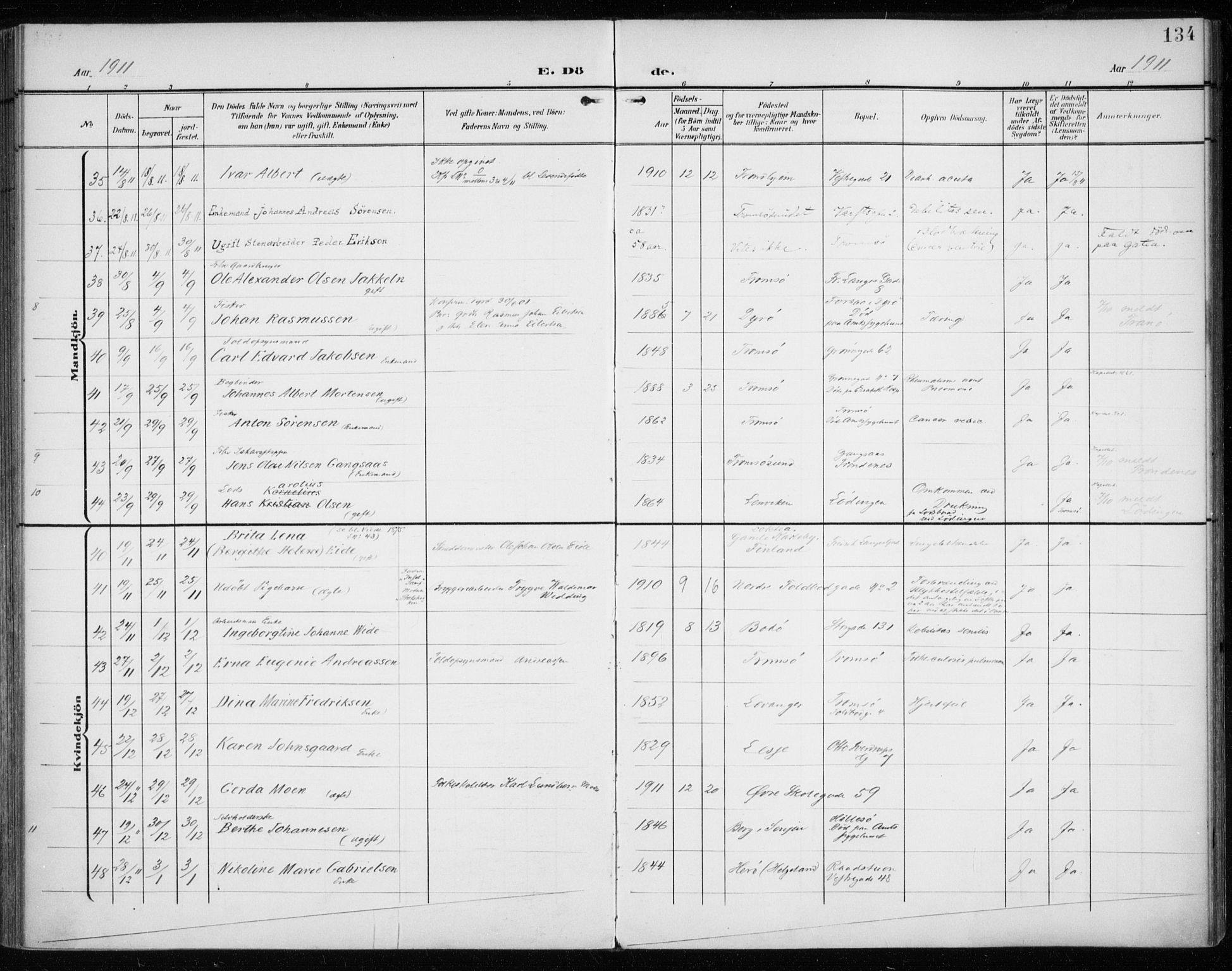 Tromsø sokneprestkontor/stiftsprosti/domprosti, SATØ/S-1343/G/Ga/L0018kirke: Parish register (official) no. 18, 1907-1917, p. 134