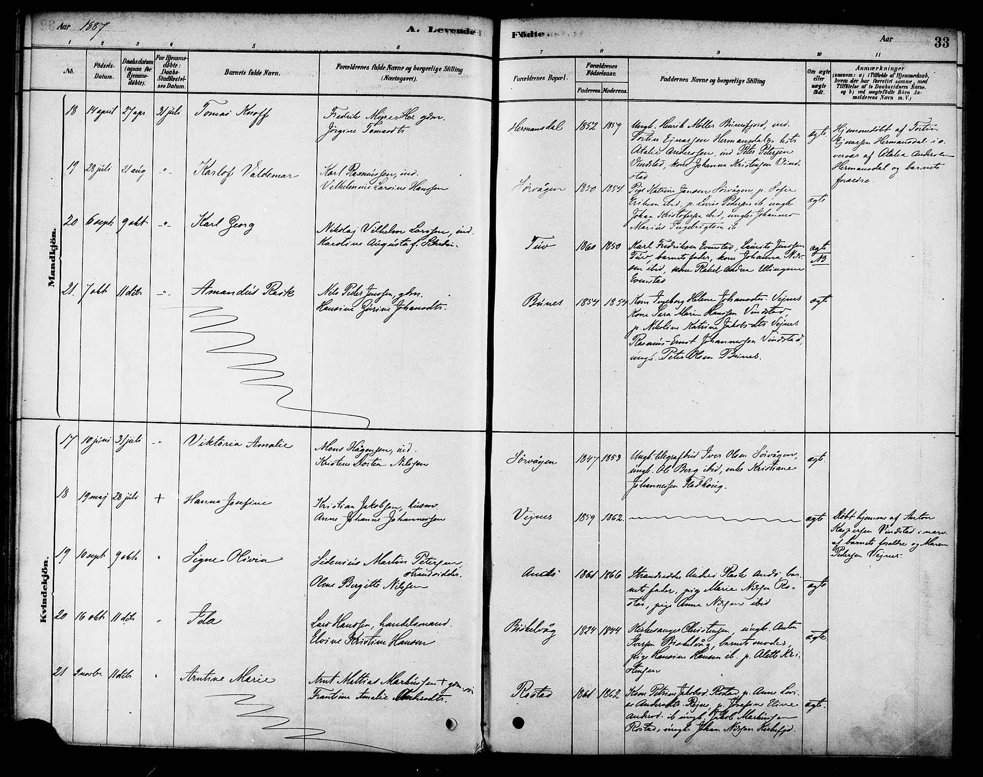 Ministerialprotokoller, klokkerbøker og fødselsregistre - Nordland, AV/SAT-A-1459/886/L1219: Parish register (official) no. 886A01, 1878-1892, p. 33