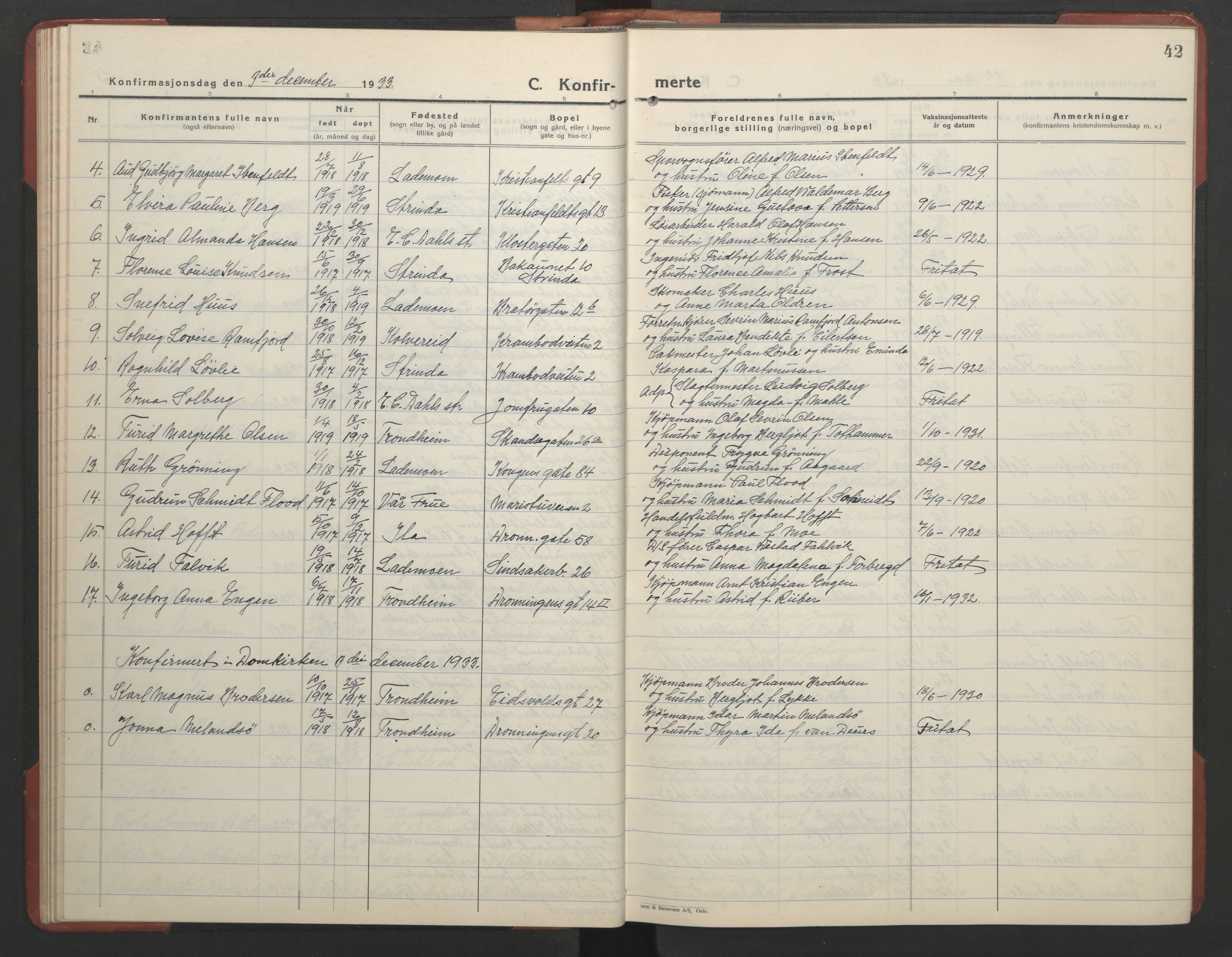 Ministerialprotokoller, klokkerbøker og fødselsregistre - Sør-Trøndelag, SAT/A-1456/602/L0151: Parish register (copy) no. 602C19, 1925-1951, p. 42