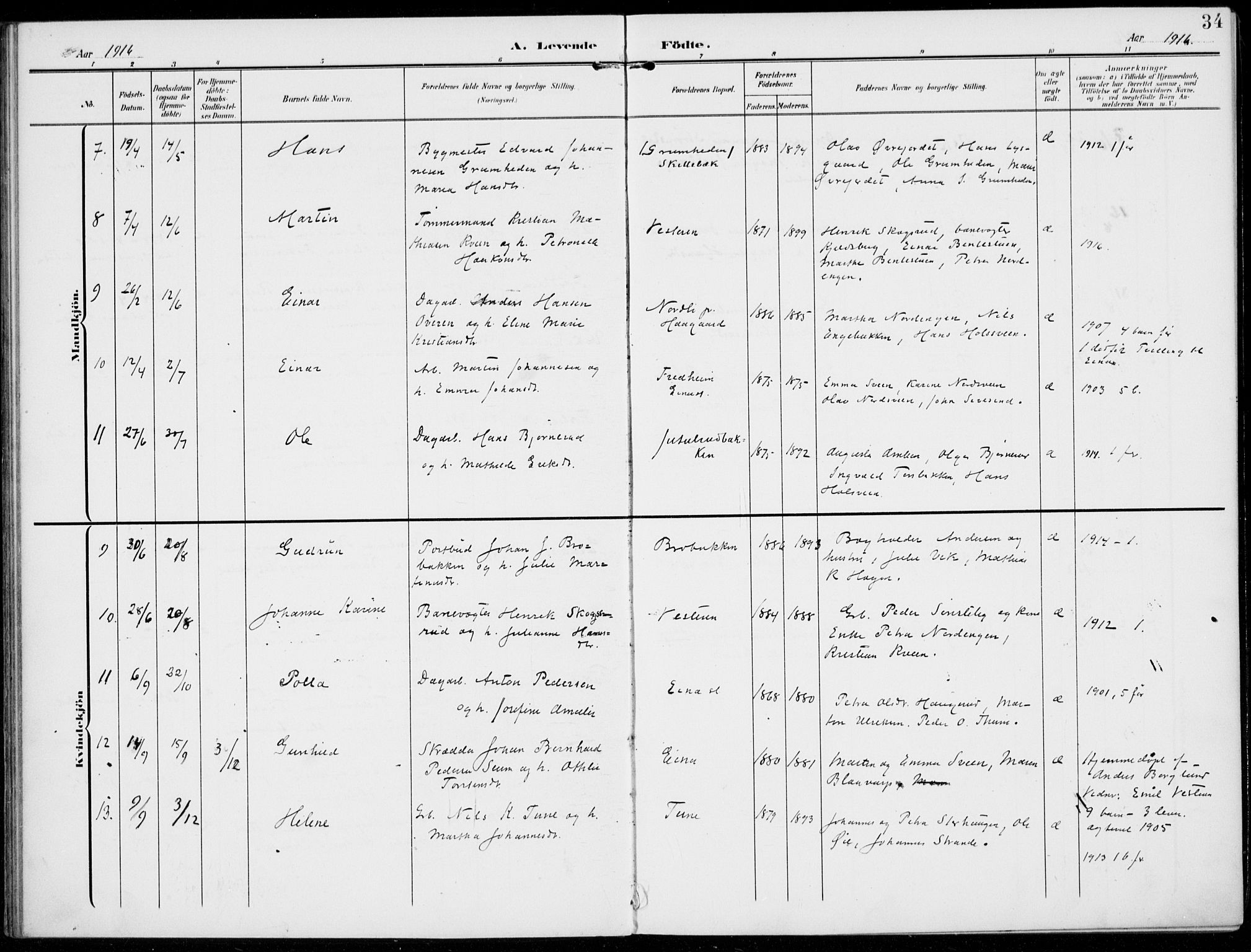 Kolbu prestekontor, AV/SAH-PREST-110/H/Ha/Haa/L0001: Parish register (official) no. 1, 1907-1923, p. 34