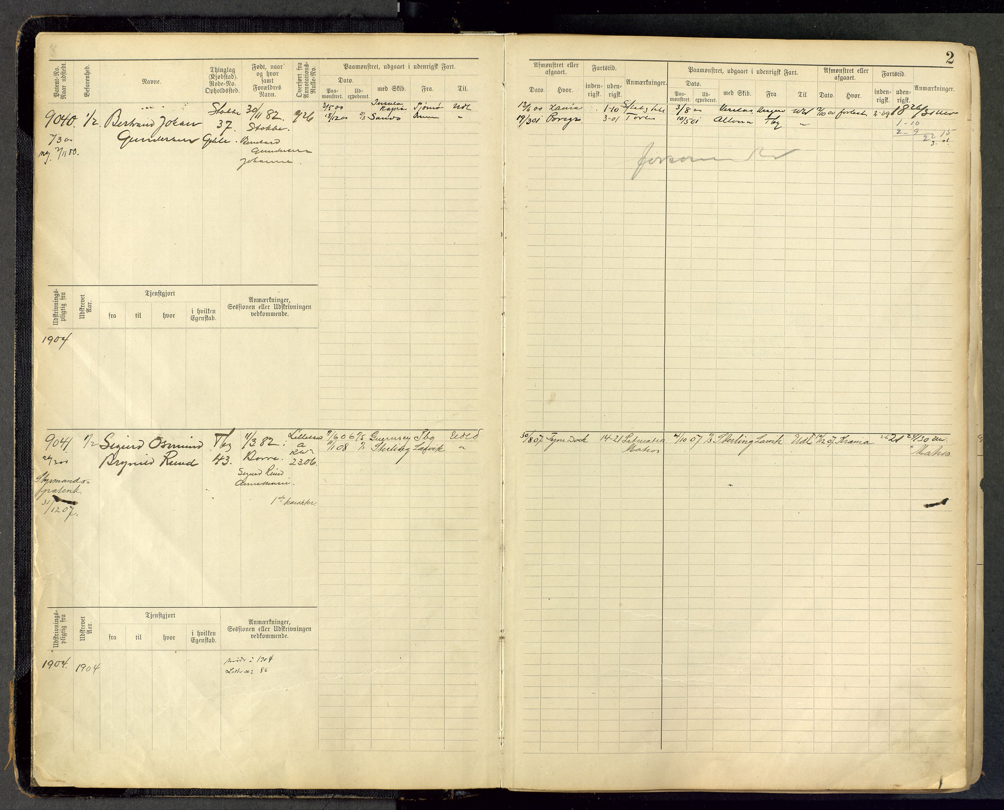 Tønsberg innrulleringskontor, AV/SAKO-A-786/F/Fc/Fca/L0011: Hovedrulle Patent nr. 9038-9992, 1900-1912, p. 2