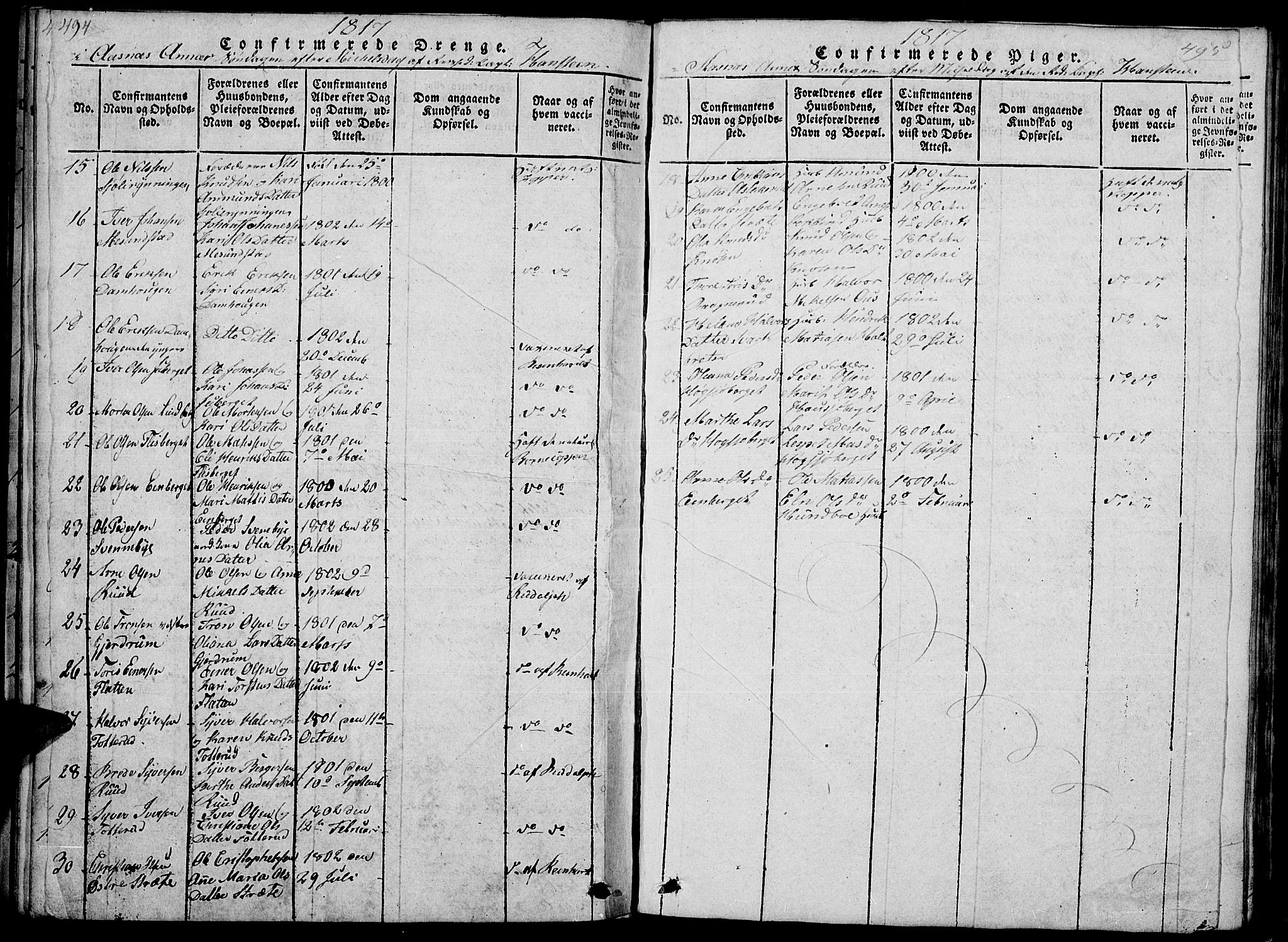 Hof prestekontor, AV/SAH-PREST-038/H/Ha/Haa/L0005: Parish register (official) no. 5, 1816-1822, p. 494-495