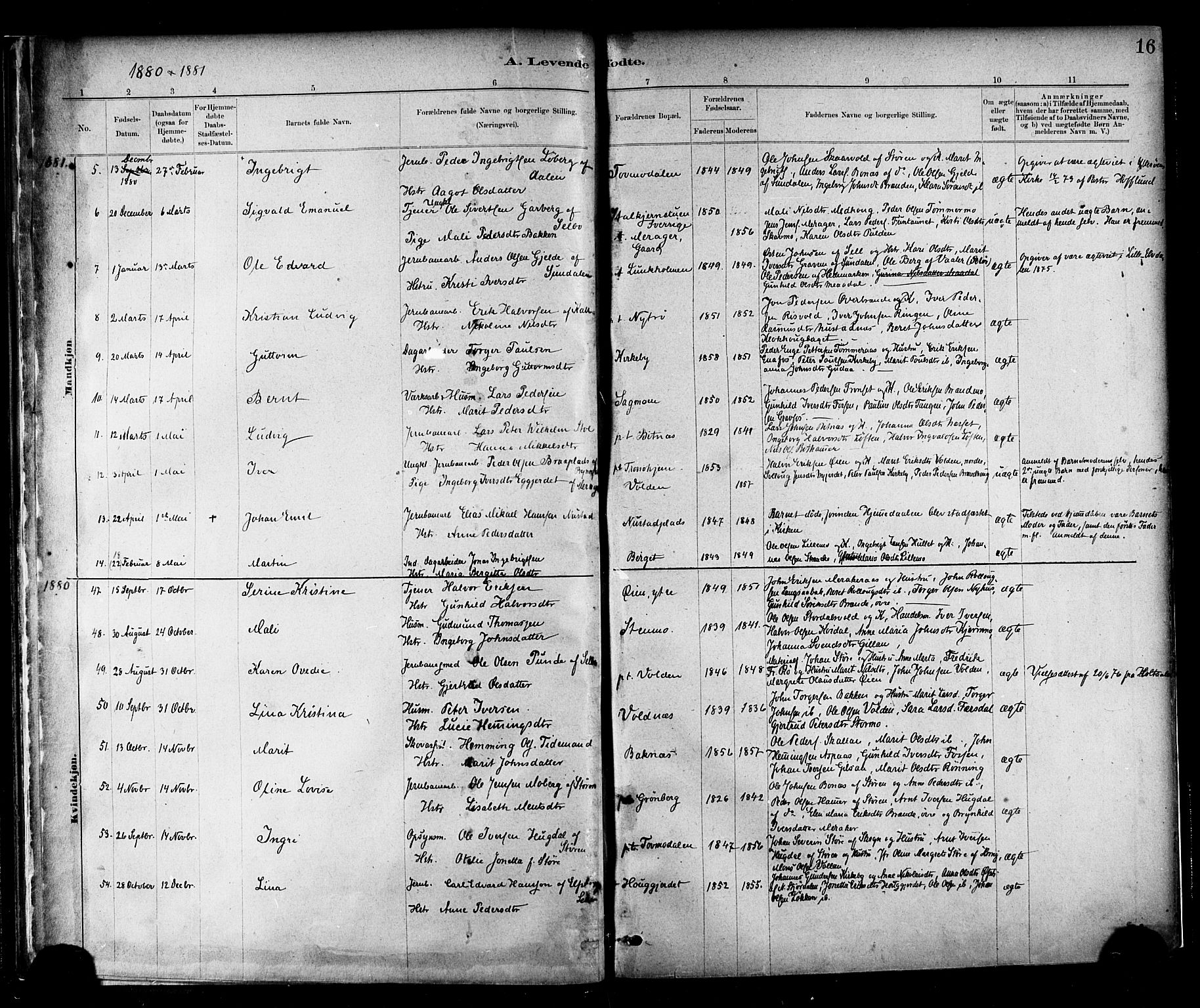 Ministerialprotokoller, klokkerbøker og fødselsregistre - Nord-Trøndelag, SAT/A-1458/706/L0047: Parish register (official) no. 706A03, 1878-1892, p. 16