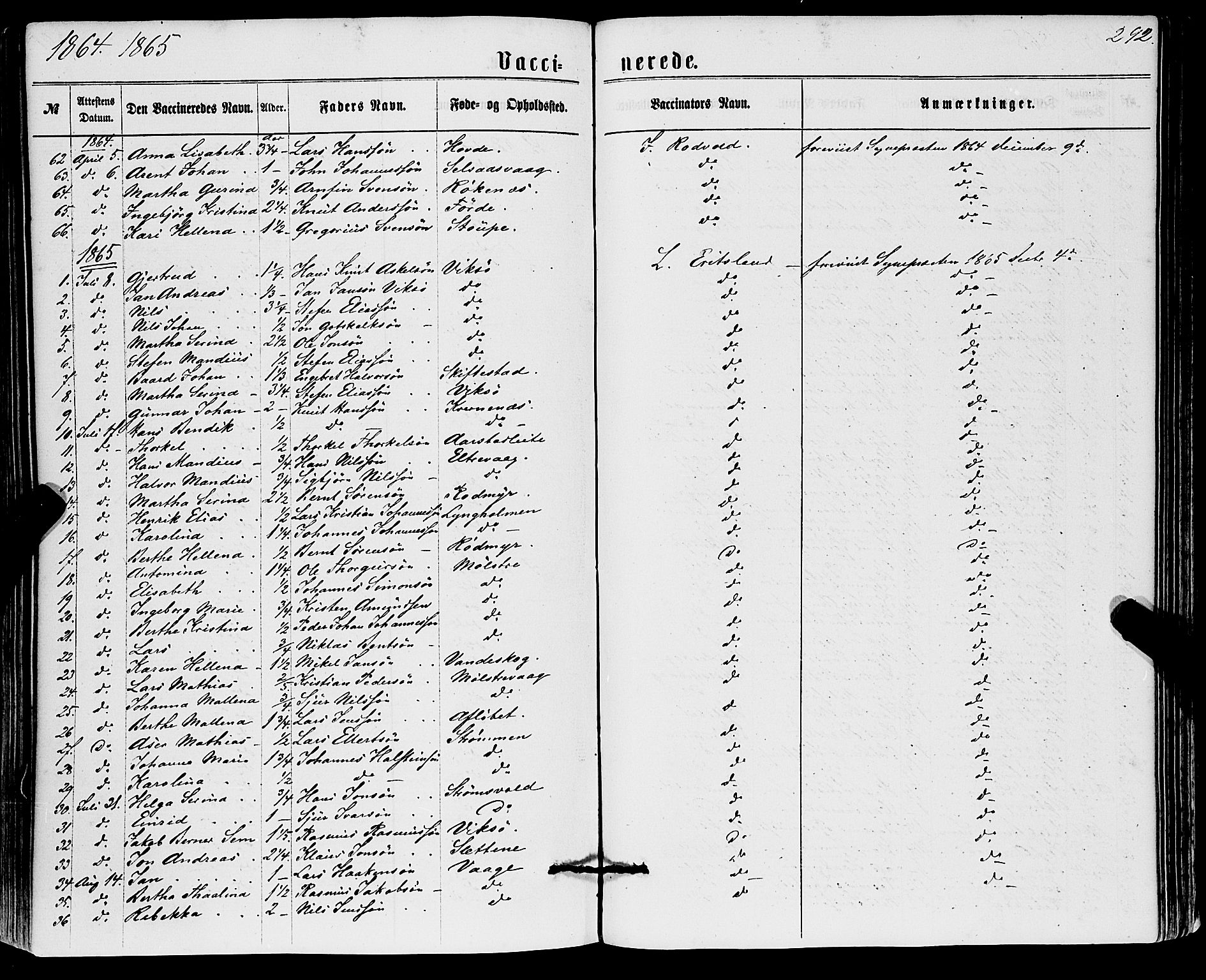 Sveio Sokneprestembete, SAB/A-78501/H/Haa: Parish register (official) no. A 1, 1861-1877, p. 292
