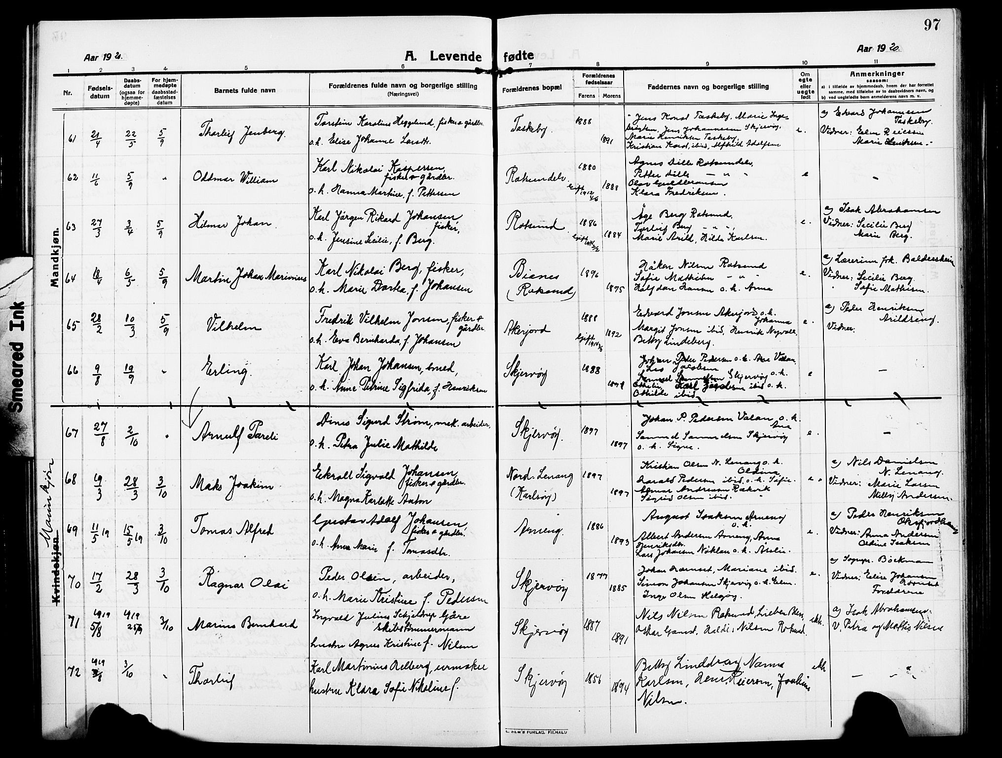 Skjervøy sokneprestkontor, AV/SATØ-S-1300/H/Ha/Hab/L0009klokker: Parish register (copy) no. 9, 1911-1926, p. 97