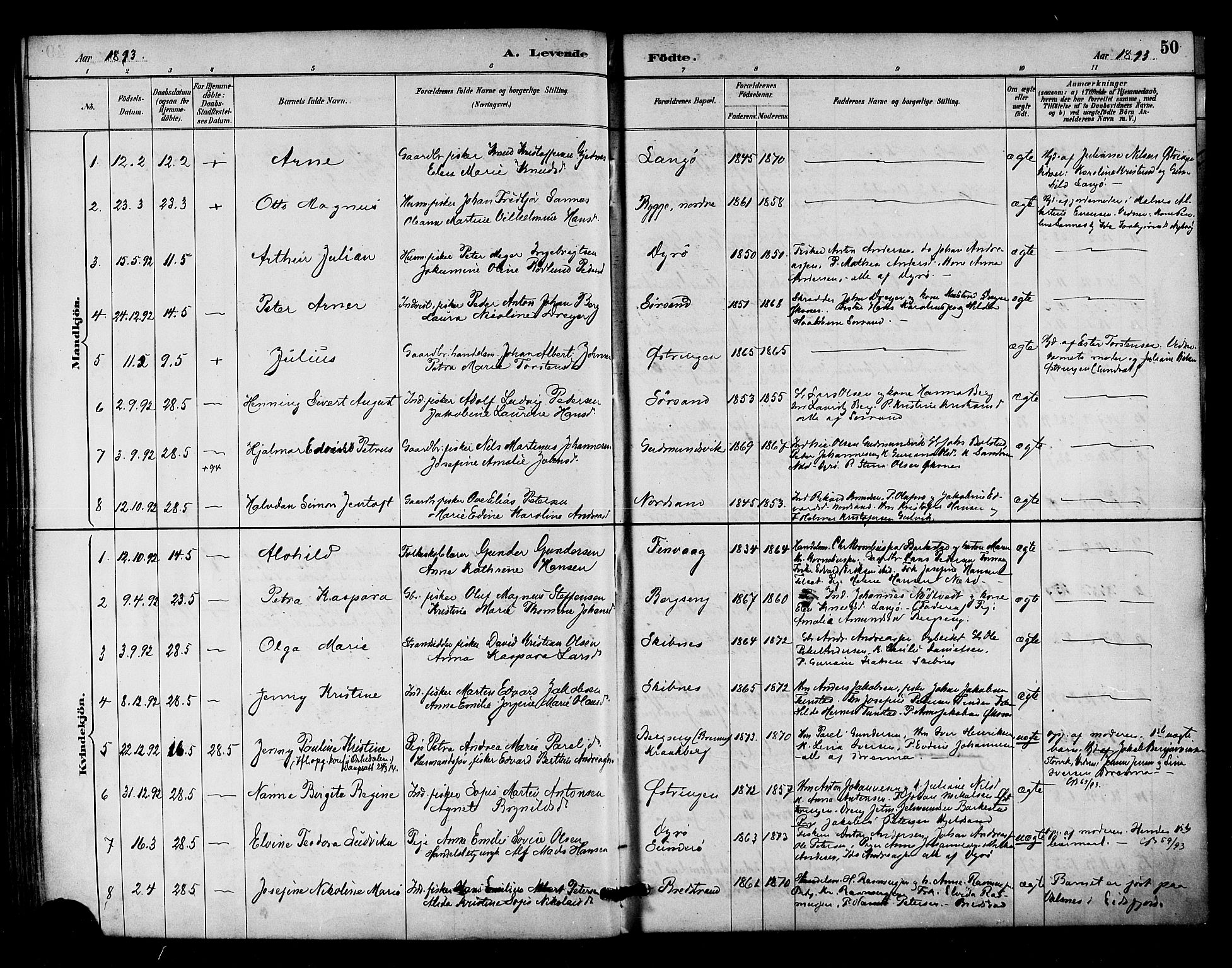 Ministerialprotokoller, klokkerbøker og fødselsregistre - Nordland, AV/SAT-A-1459/893/L1337: Parish register (official) no. 893A09, 1885-1893, p. 50