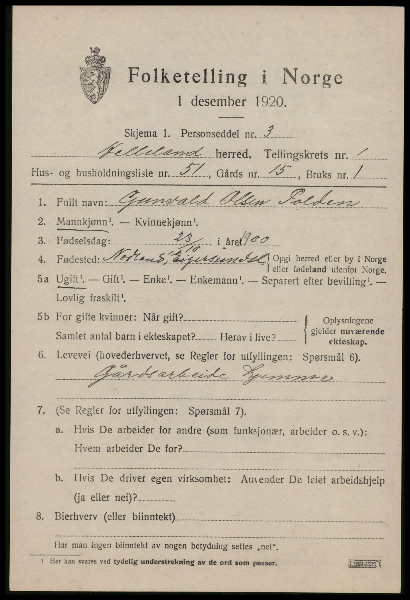 SAST, 1920 census for Helleland, 1920, p. 979