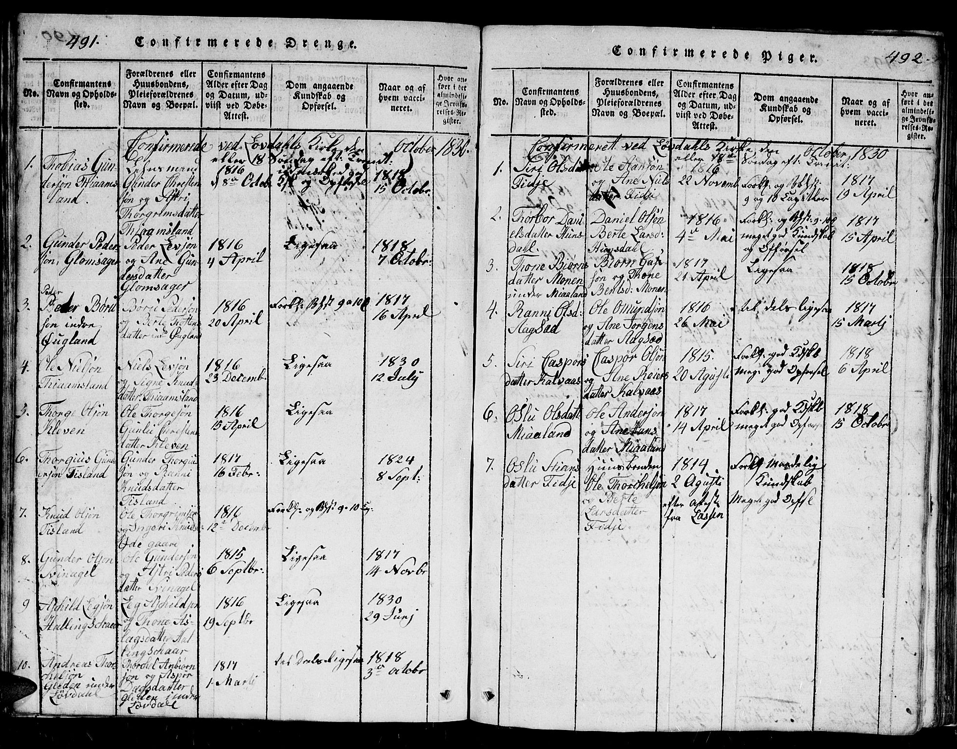 Holum sokneprestkontor, AV/SAK-1111-0022/F/Fb/Fbb/L0001: Parish register (copy) no. B 1, 1820-1847, p. 491-492