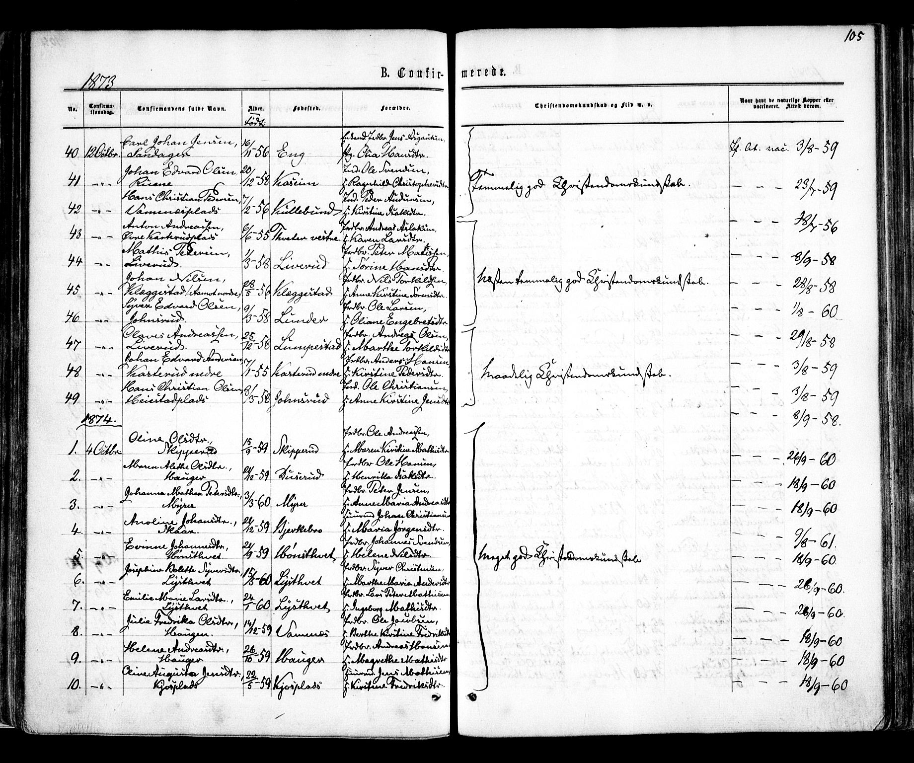 Skiptvet prestekontor Kirkebøker, SAO/A-20009/F/Fa/L0008: Parish register (official) no. 8, 1867-1877, p. 105