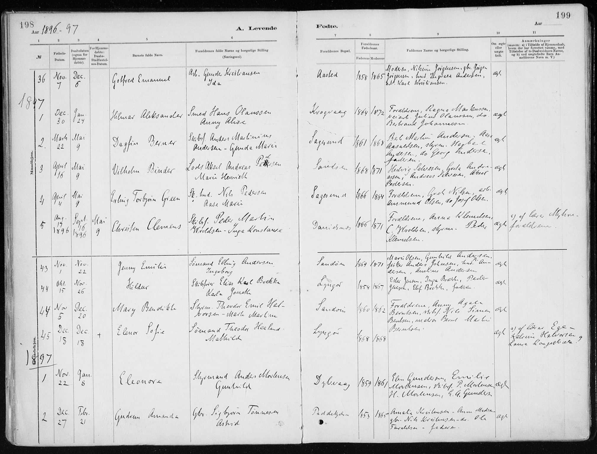 Dypvåg sokneprestkontor, SAK/1111-0007/F/Fa/Faa/L0008: Parish register (official) no. A 8, 1885-1906, p. 198-199