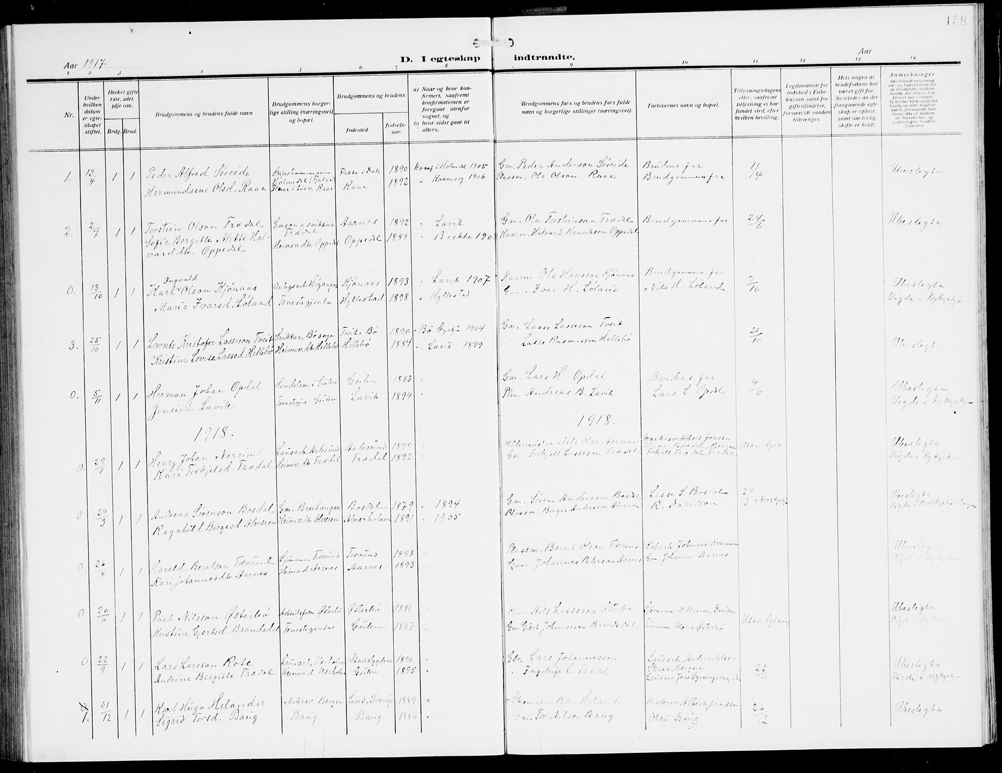 Lavik sokneprestembete, AV/SAB-A-80901: Parish register (copy) no. A 3, 1911-1942, p. 158