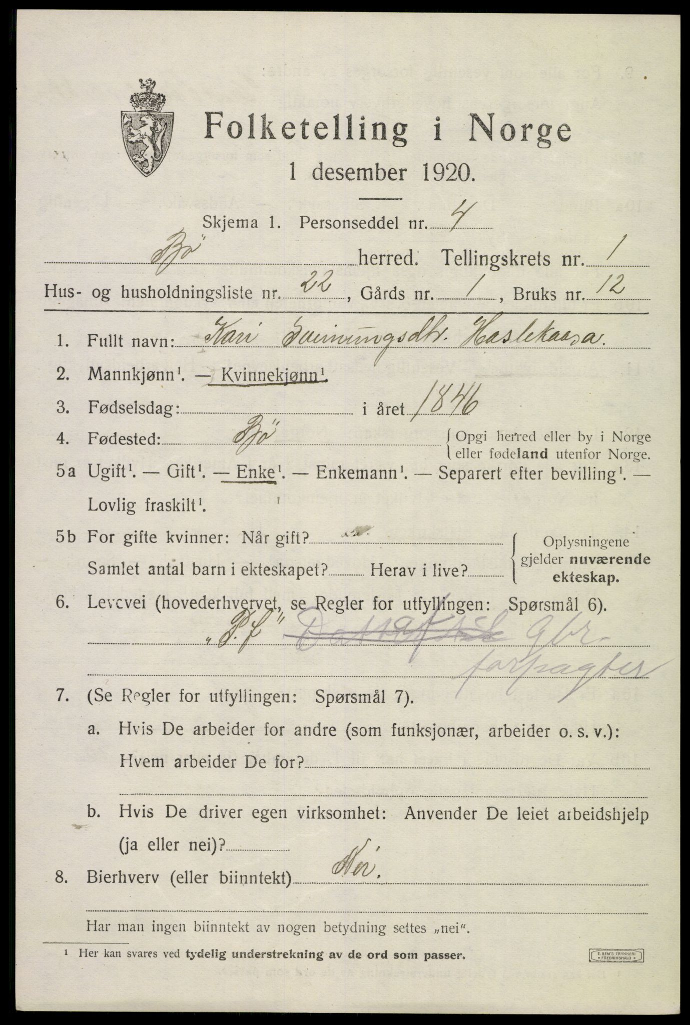 SAKO, 1920 census for Bø (Telemark), 1920, p. 1542