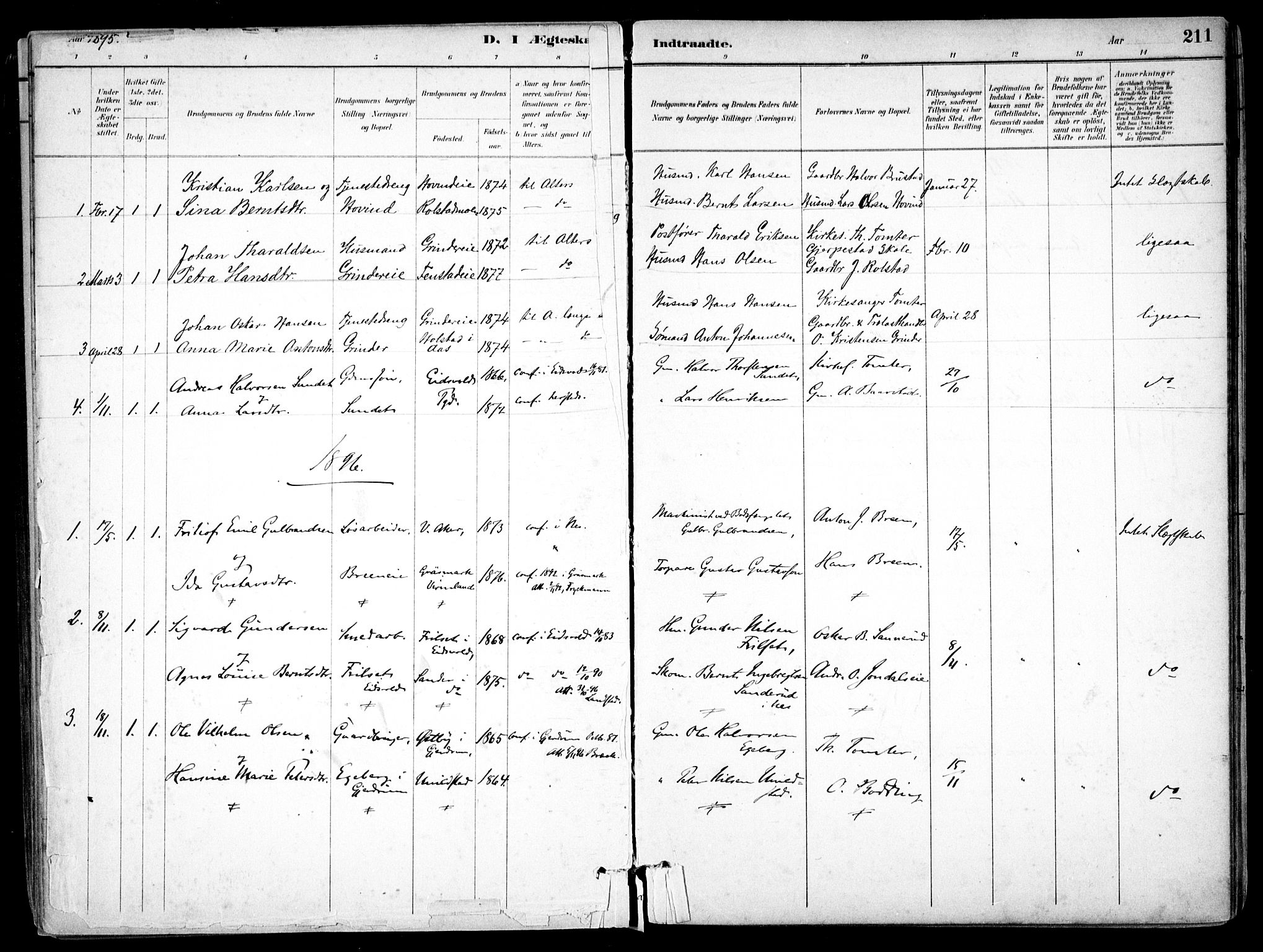 Nes prestekontor Kirkebøker, SAO/A-10410/F/Fb/L0002: Parish register (official) no. II 2, 1883-1918, p. 211