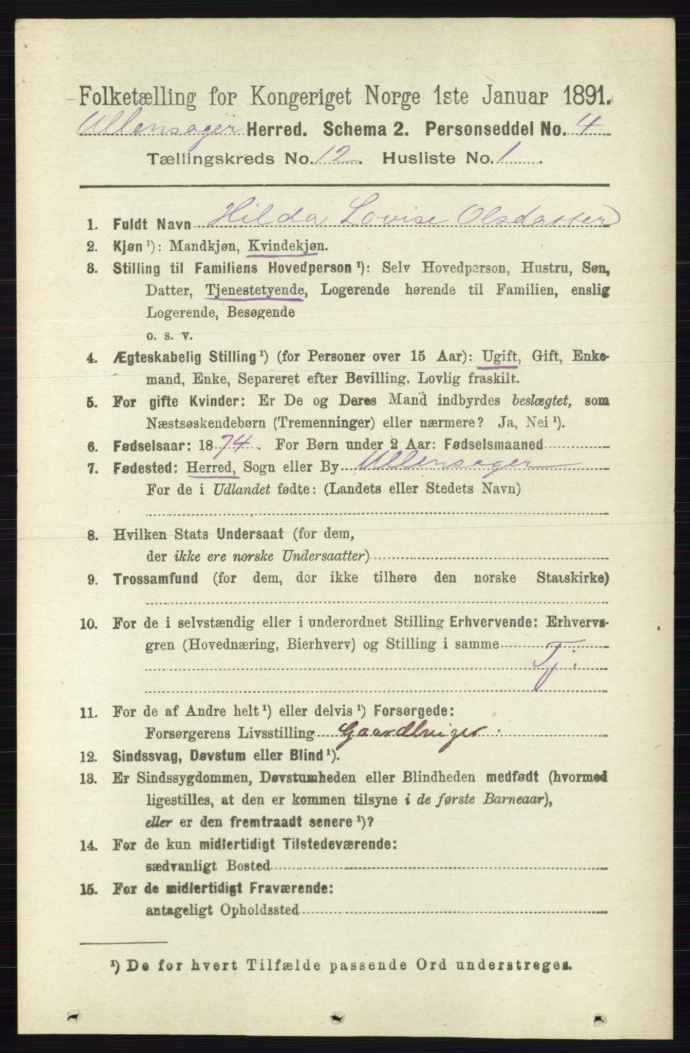 RA, 1891 census for 0235 Ullensaker, 1891, p. 5613