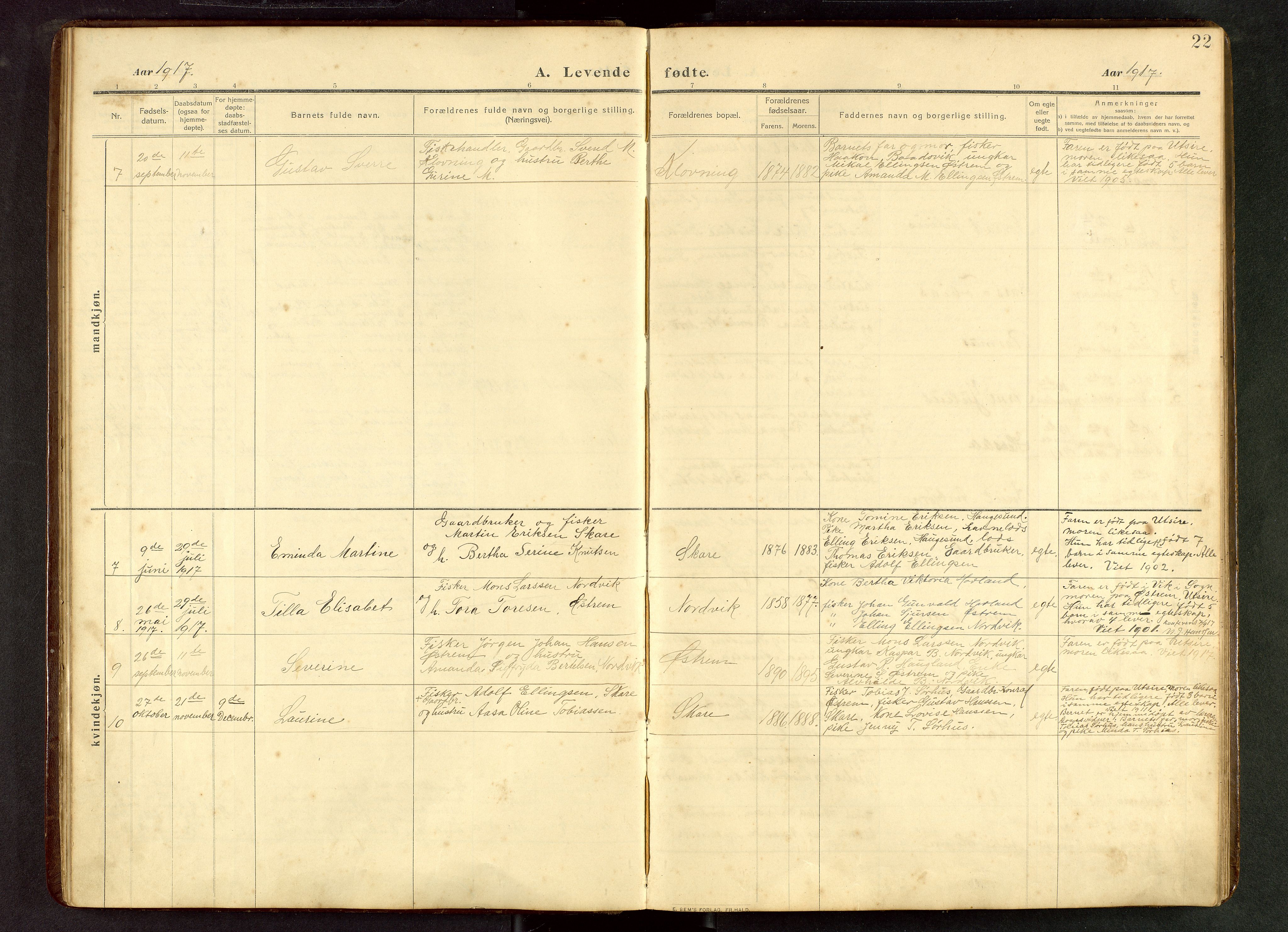 Torvastad sokneprestkontor, AV/SAST-A -101857/H/Ha/Hab/L0012: Parish register (copy) no. B 12, 1909-1945, p. 22