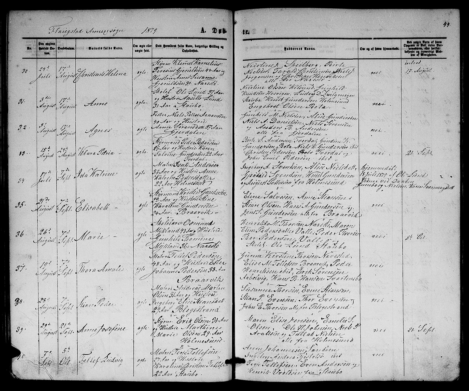 Dypvåg sokneprestkontor, SAK/1111-0007/F/Fb/Fbb/L0003: Parish register (copy) no. B 3, 1872-1886, p. 44