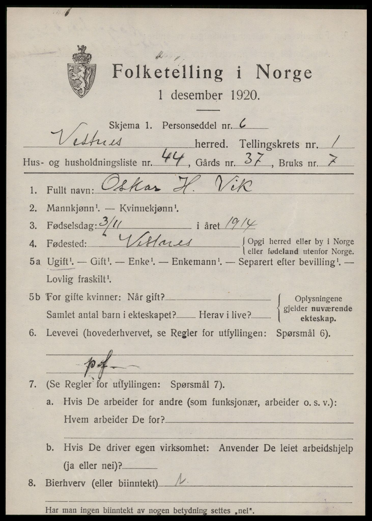 SAT, 1920 census for Vestnes, 1920, p. 1757