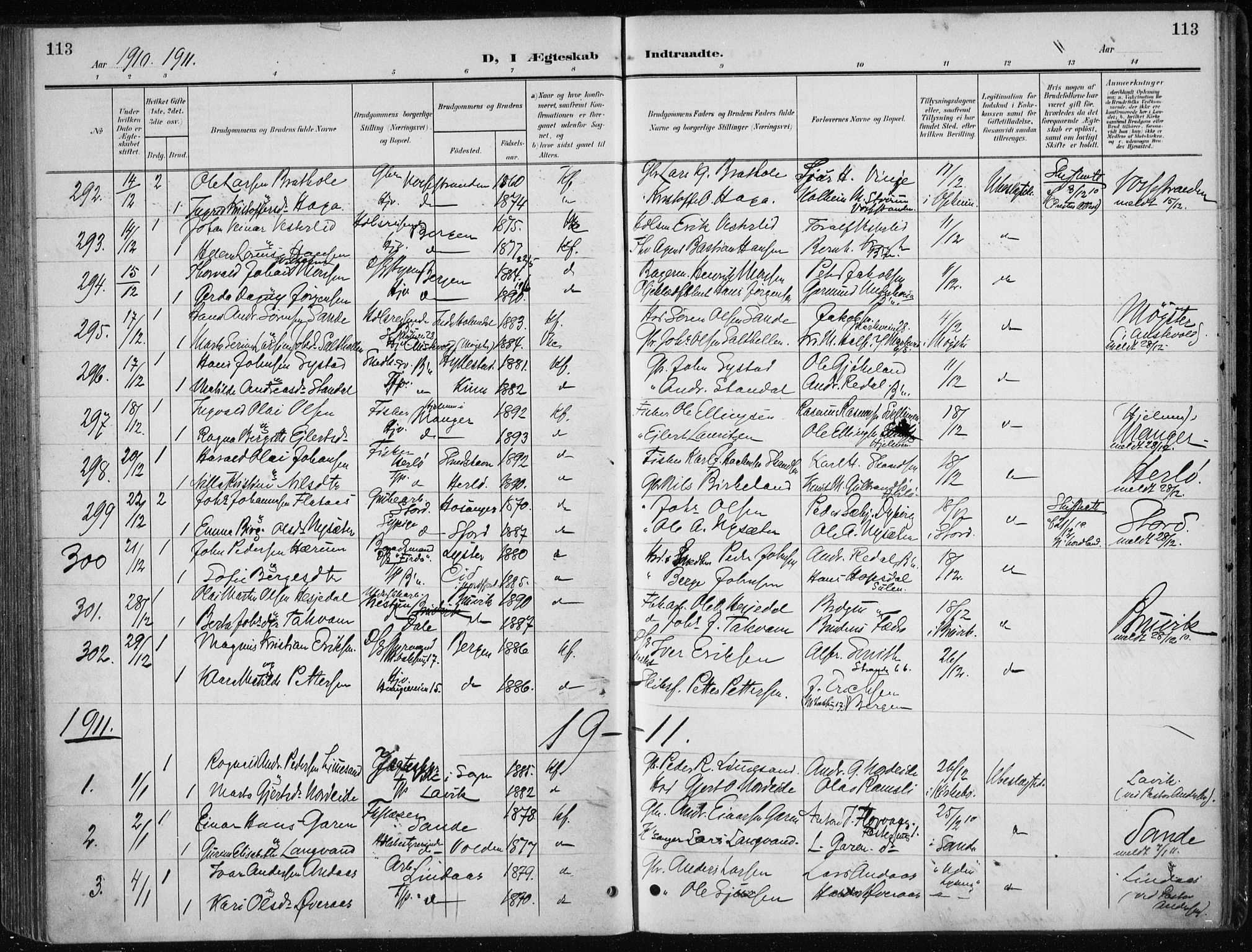Nykirken Sokneprestembete, SAB/A-77101/H/Haa/L0035: Parish register (official) no. D 5, 1905-1913, p. 113