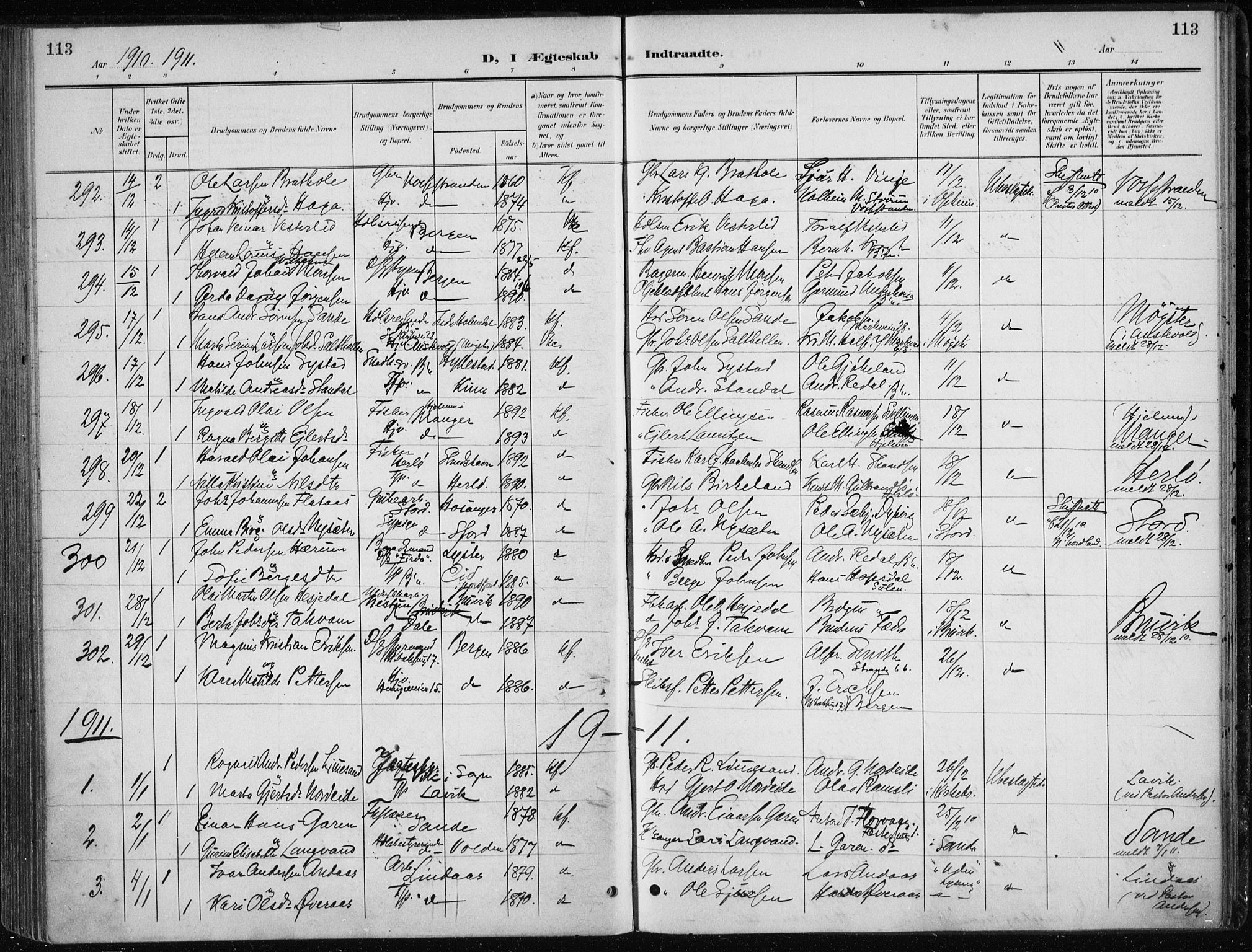 Nykirken Sokneprestembete, AV/SAB-A-77101/H/Haa/L0035: Parish register (official) no. D 5, 1905-1913, p. 113