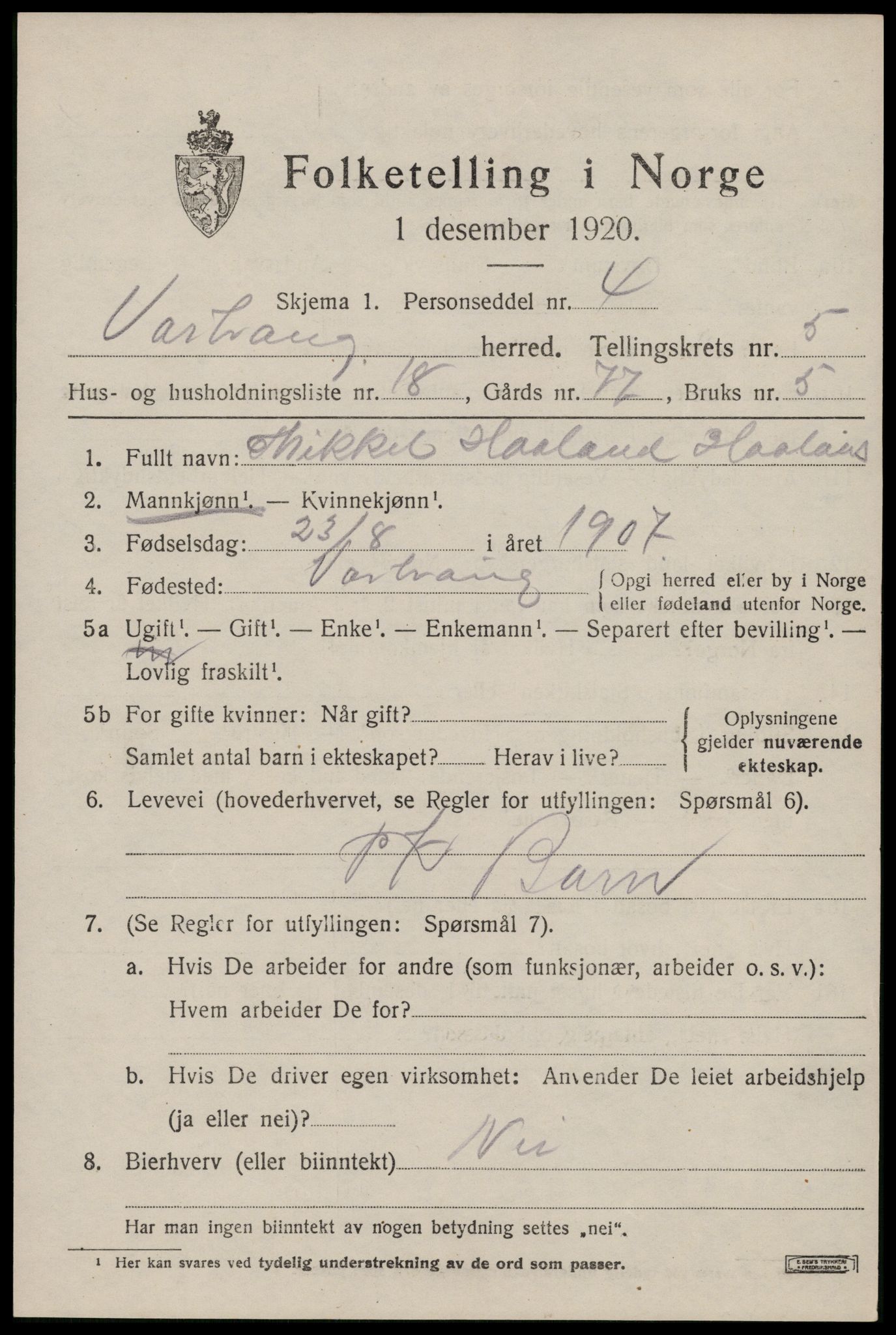 SAST, 1920 census for Varhaug, 1920, p. 4653