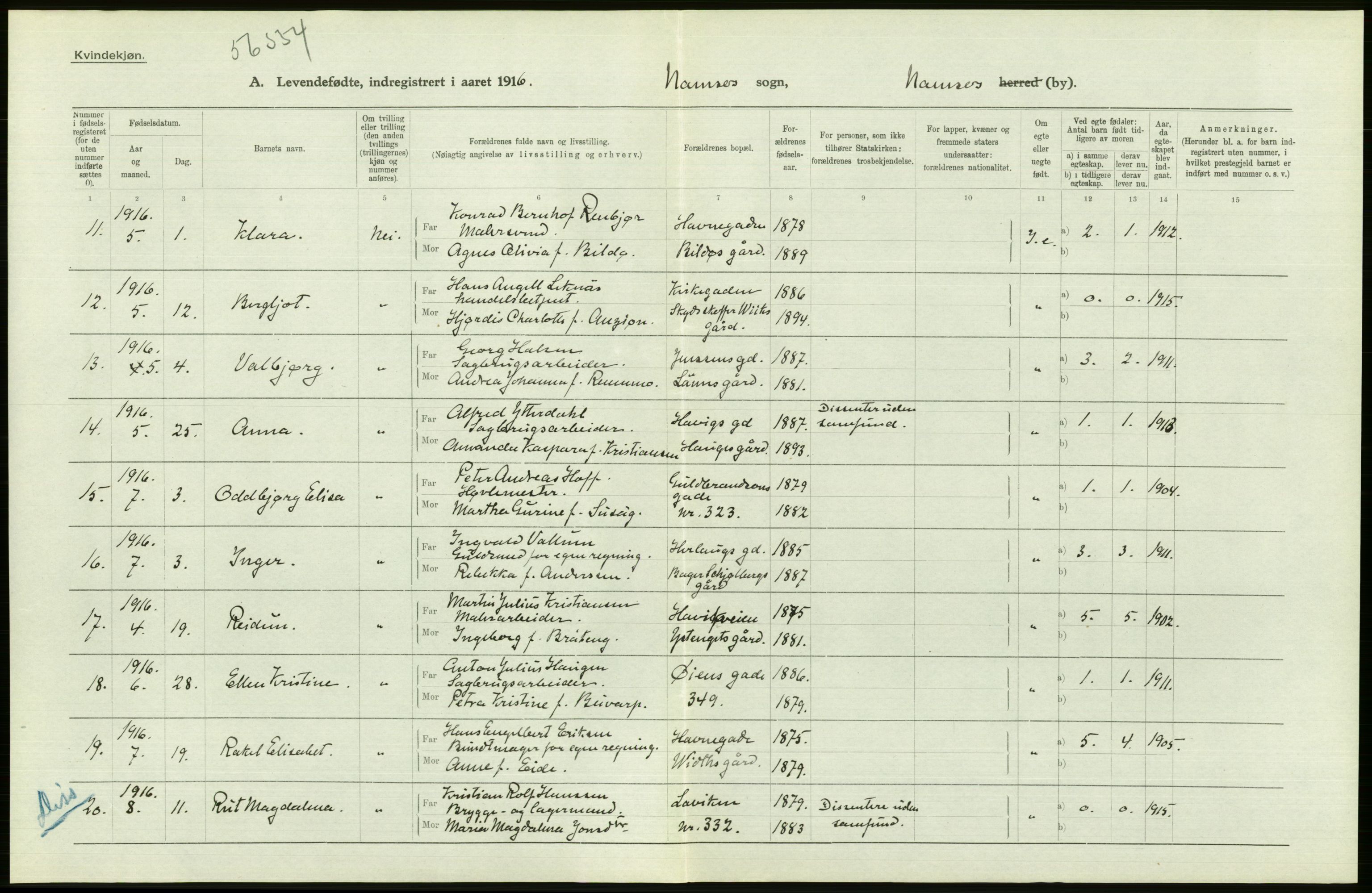 Statistisk sentralbyrå, Sosiodemografiske emner, Befolkning, AV/RA-S-2228/D/Df/Dfb/Dfbf/L0048: N. Trondheims amt: Levendefødte menn og kvinner. Bygder og byer., 1916, p. 540