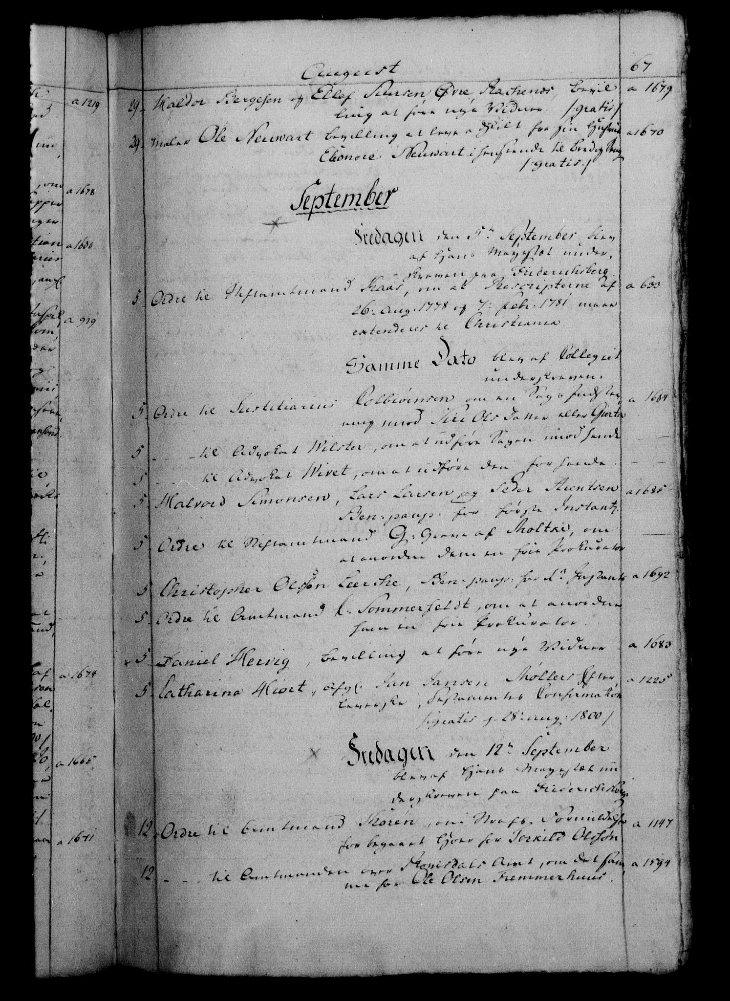 Danske Kanselli 1800-1814, RA/EA-3024/H/Hf/Hfb/Hfbc/L0001: Underskrivelsesbok m. register, 1800, p. 67