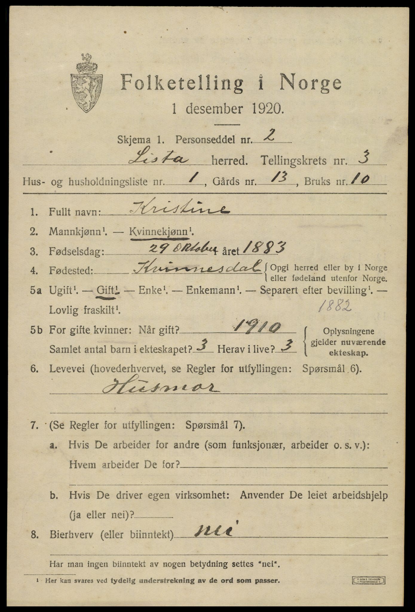 SAK, 1920 census for Lista, 1920, p. 4419