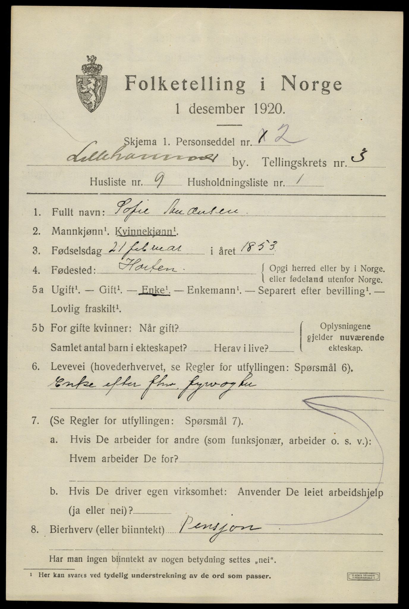 SAH, 1920 census for Lillehammer, 1920, p. 5806