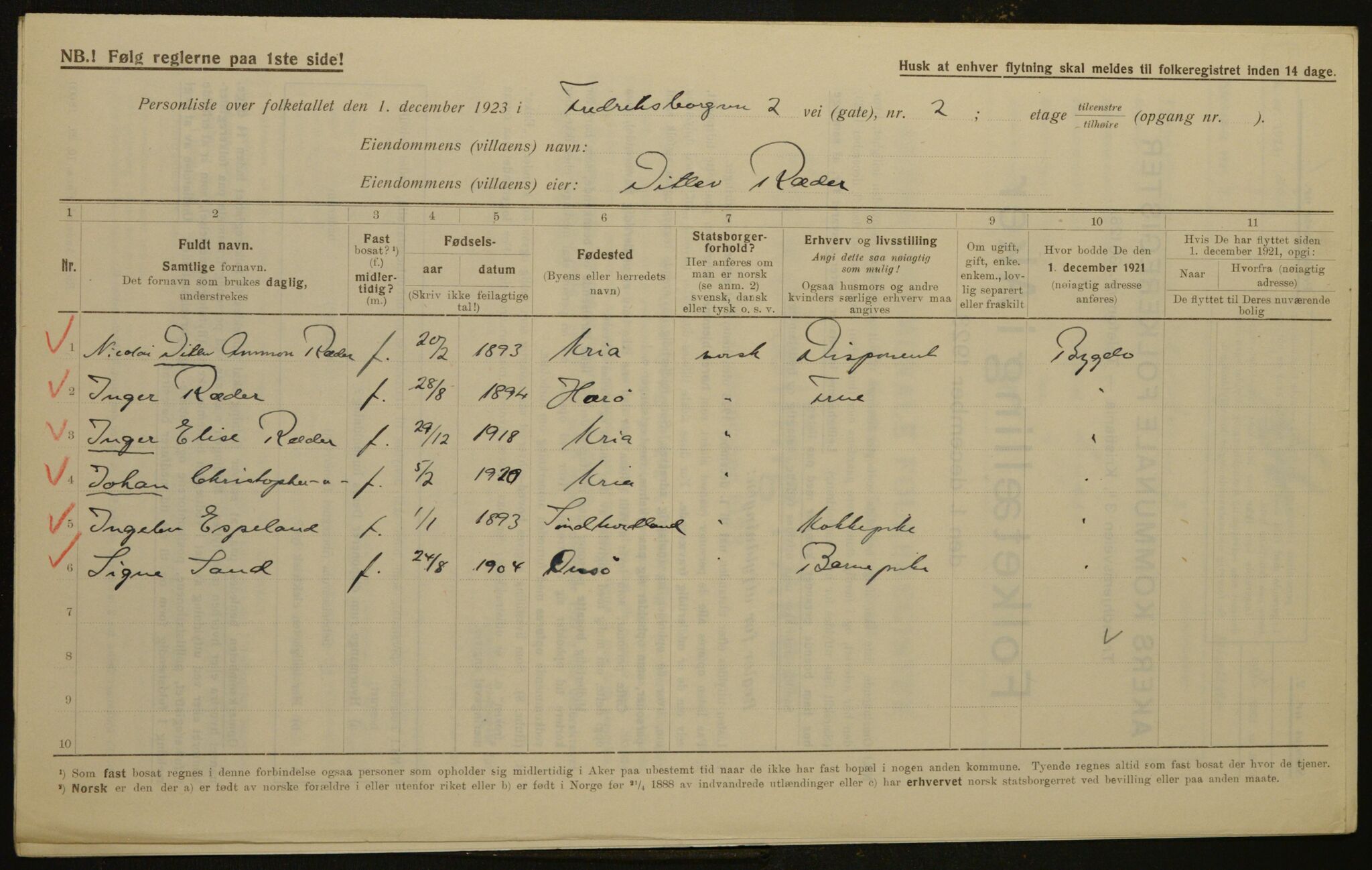 , Municipal Census 1923 for Aker, 1923, p. 1723