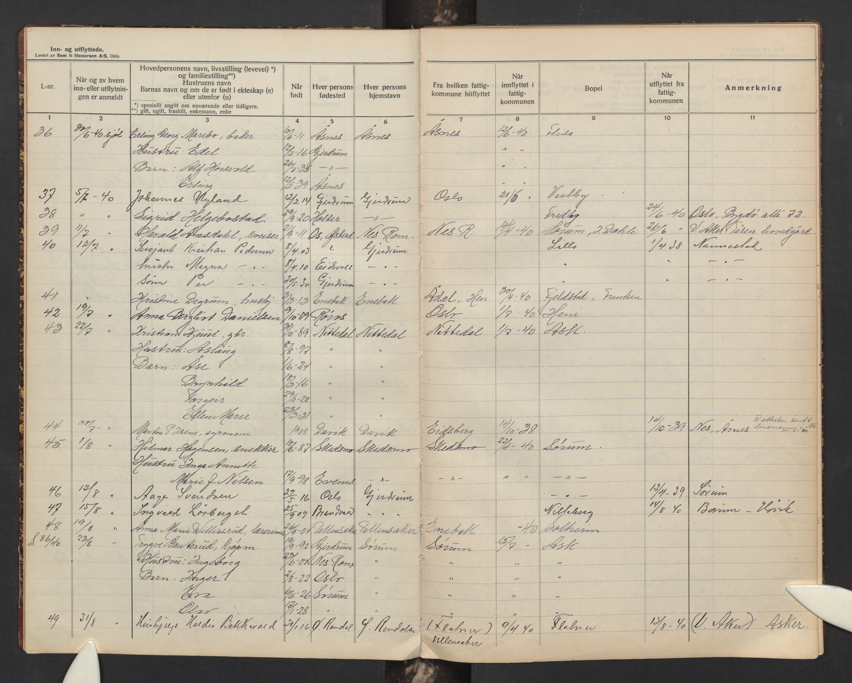Gjerdrum lensmannskontor, AV/SAO-A-10413/O/Ob/L0002: Fortegnelse over inn- og utflyttede, 1938-1943