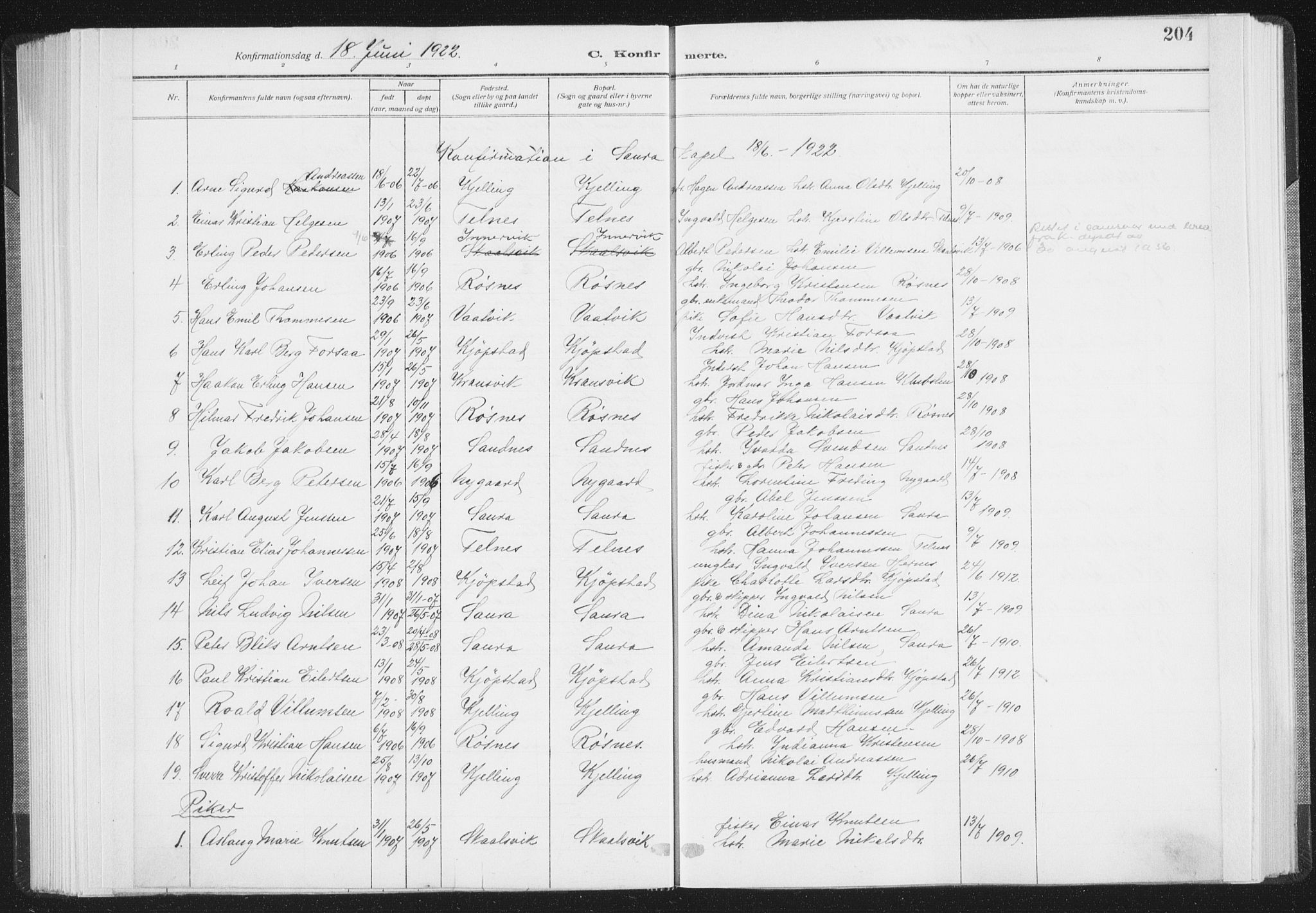 Ministerialprotokoller, klokkerbøker og fødselsregistre - Nordland, SAT/A-1459/805/L0104: Parish register (official) no. 805A09, 1909-1926, p. 204