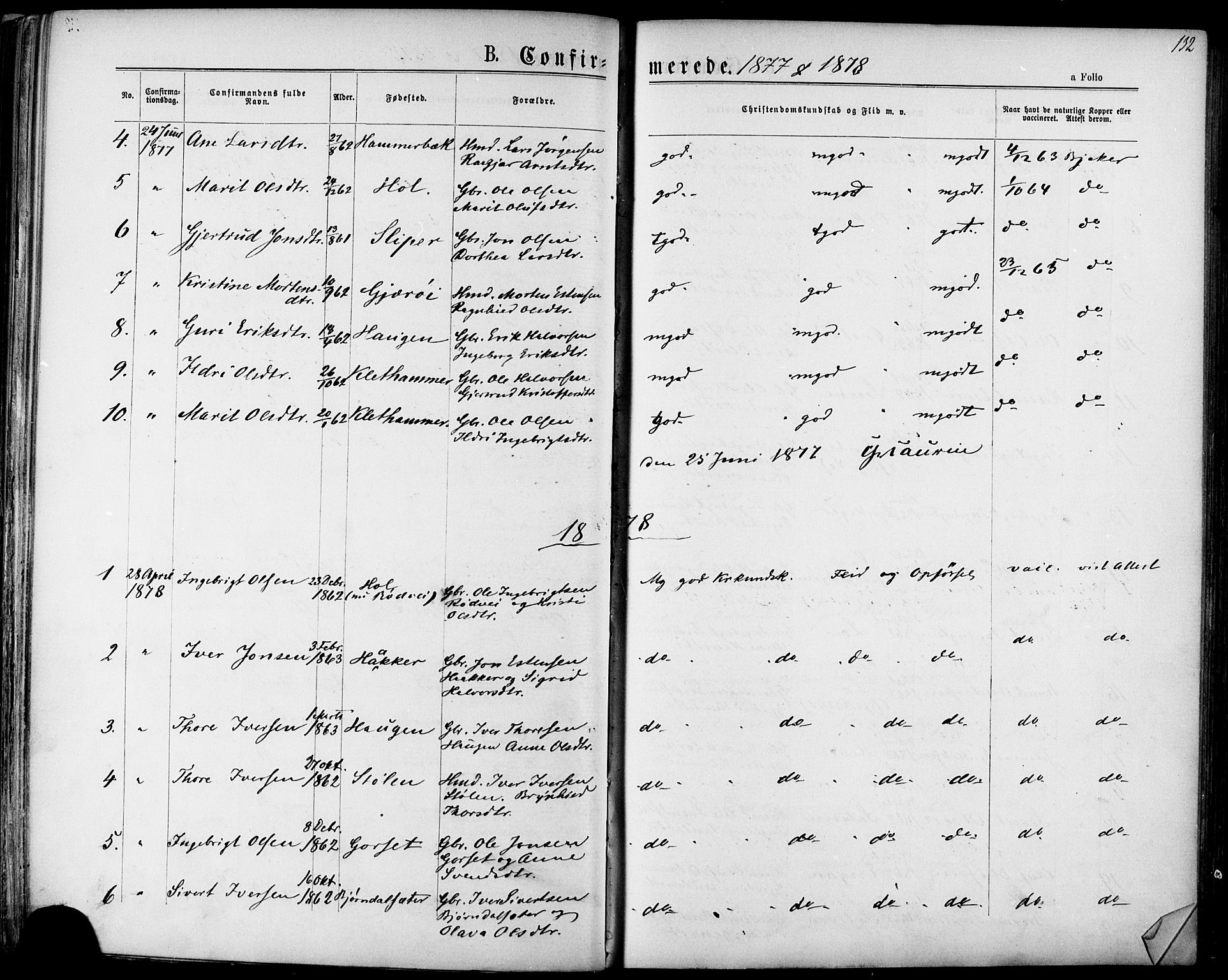Ministerialprotokoller, klokkerbøker og fødselsregistre - Sør-Trøndelag, AV/SAT-A-1456/678/L0900: Parish register (official) no. 678A09, 1872-1881, p. 132