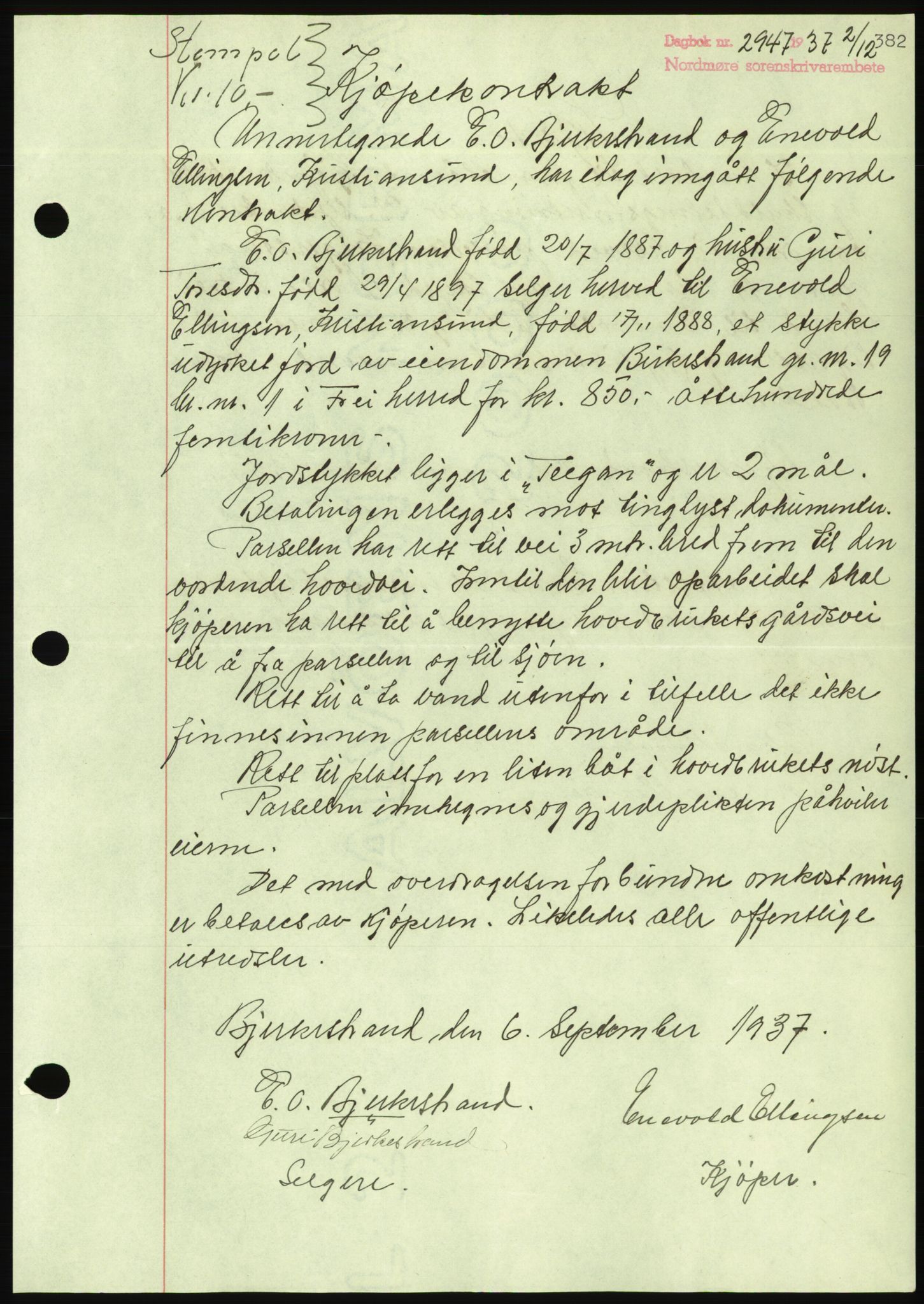 Nordmøre sorenskriveri, AV/SAT-A-4132/1/2/2Ca/L0092: Mortgage book no. B82, 1937-1938, Diary no: : 2947/1937