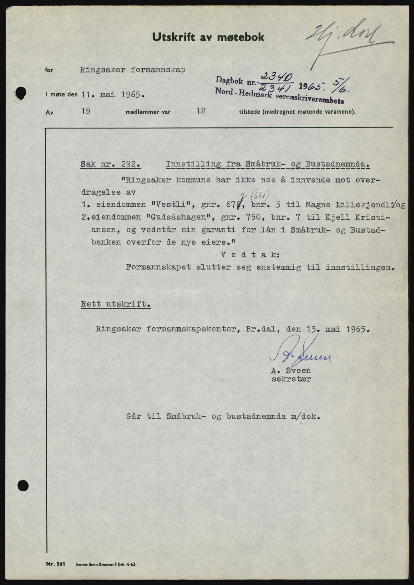 Nord-Hedmark sorenskriveri, SAH/TING-012/H/Hc/L0022: Mortgage book no. 22, 1965-1965, Diary no: : 2340/1965