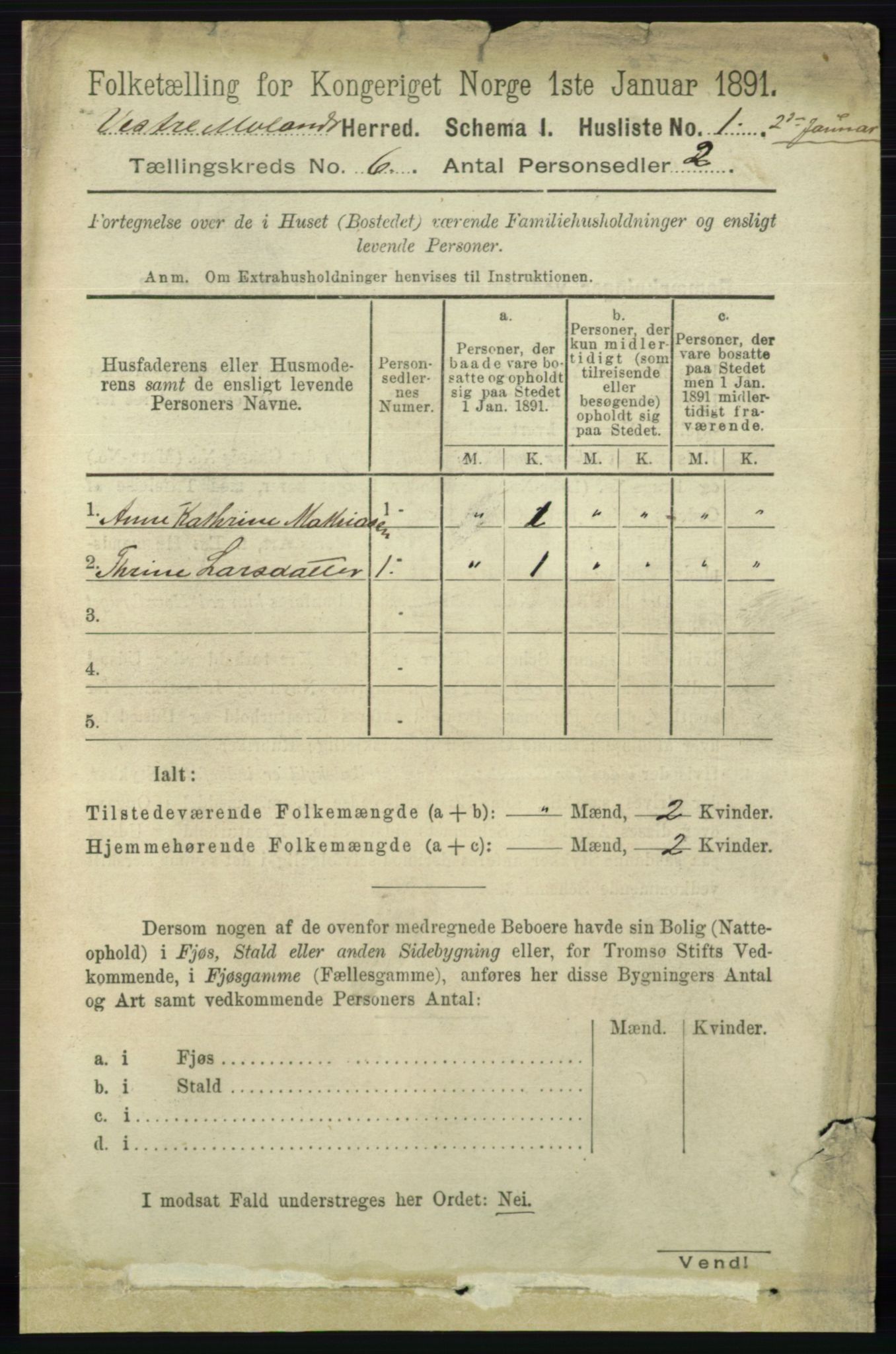 RA, 1891 census for 0926 Vestre Moland, 1891, p. 2270