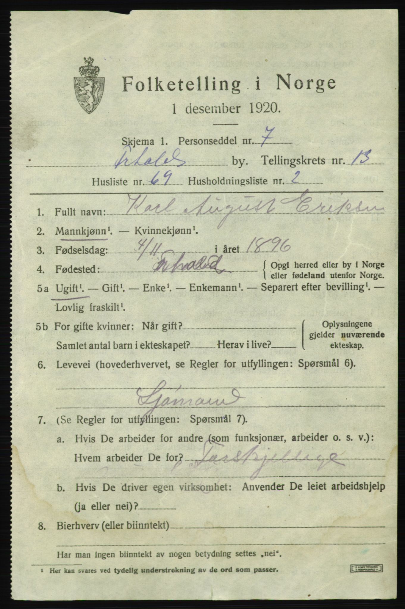 SAO, 1920 census for Fredrikshald, 1920, p. 22142