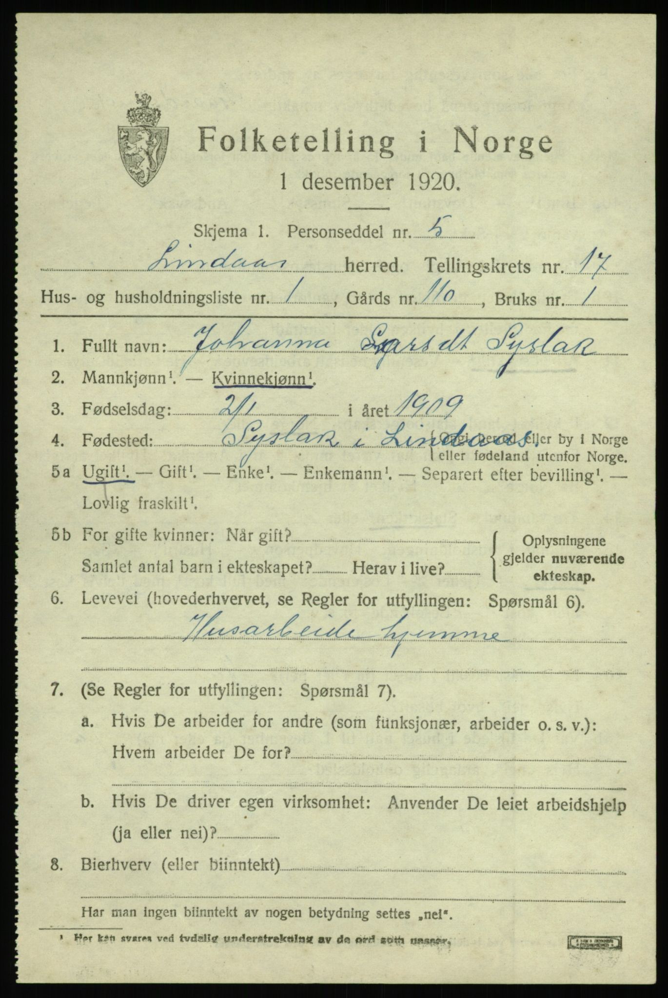 SAB, 1920 census for Lindås, 1920, p. 8993