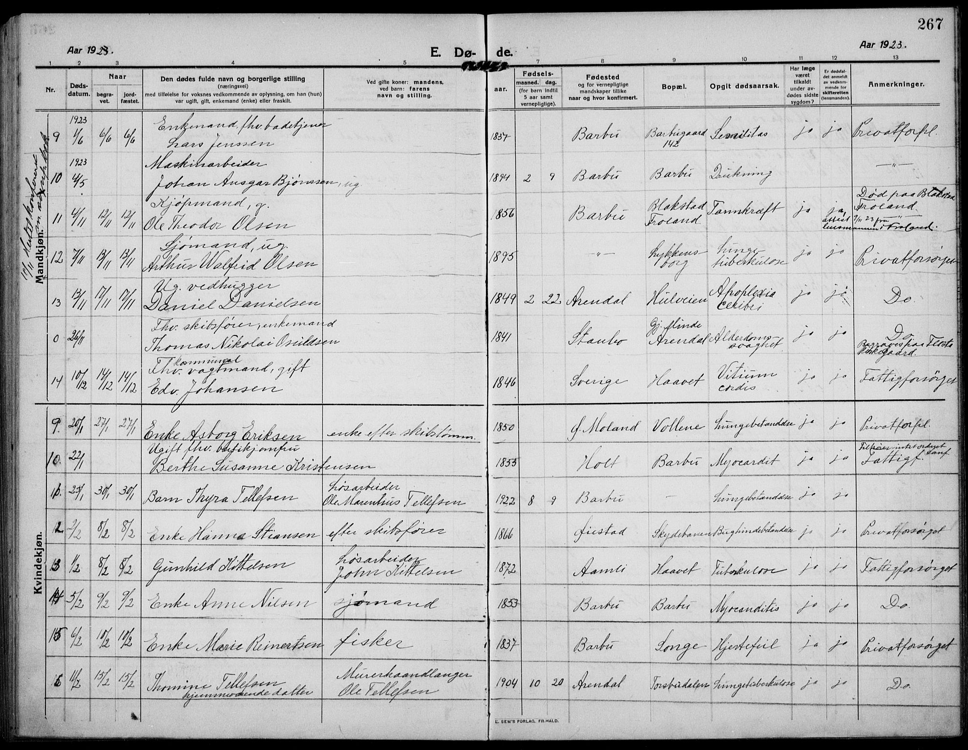 Barbu sokneprestkontor, AV/SAK-1111-0003/F/Fb/L0004: Parish register (copy) no. B 4, 1911-1936, p. 267