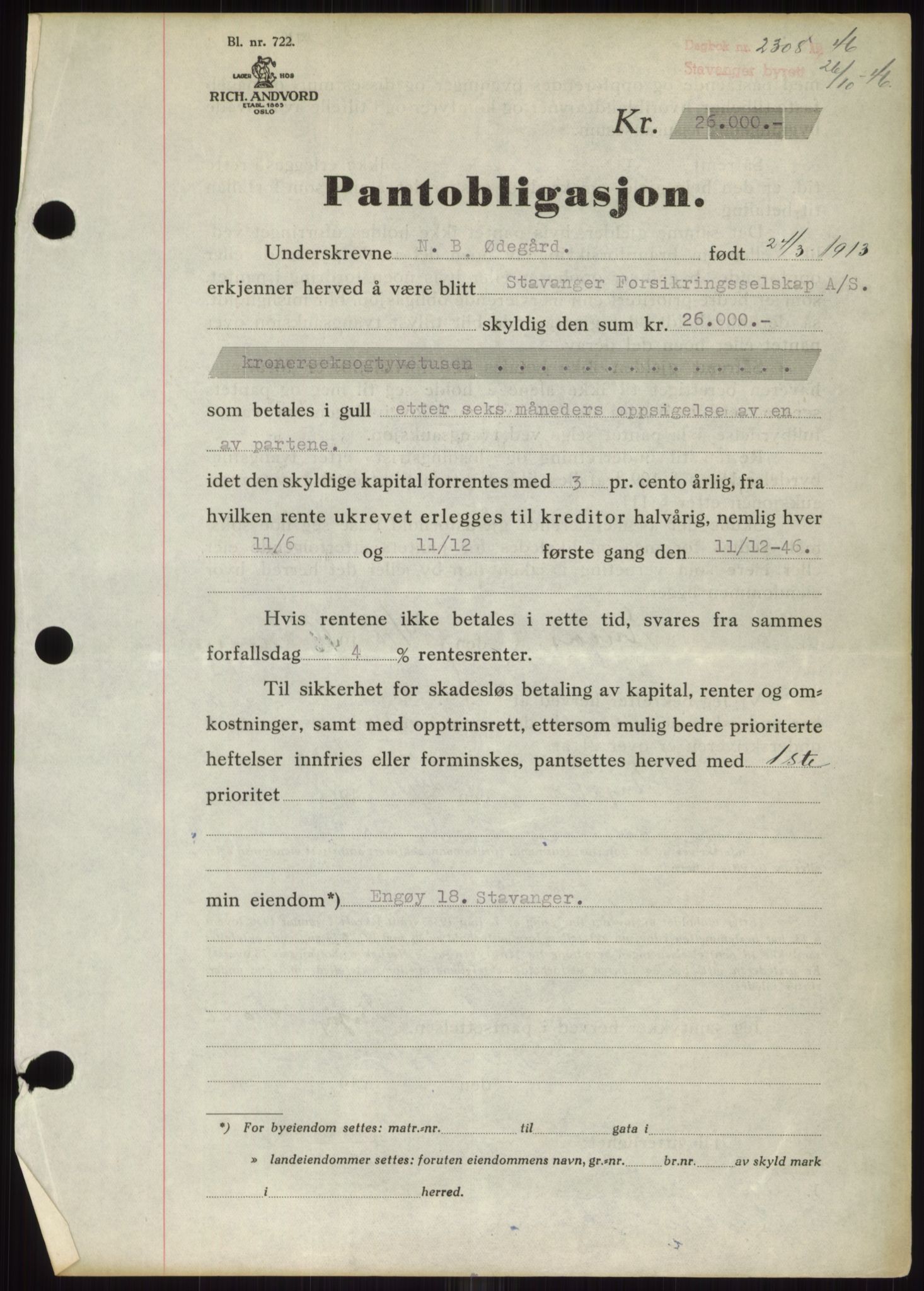 Stavanger byrett, SAST/A-100455/002/G/Gb/L0031: Mortgage book, 1943-1947, Diary no: : 2308/1946