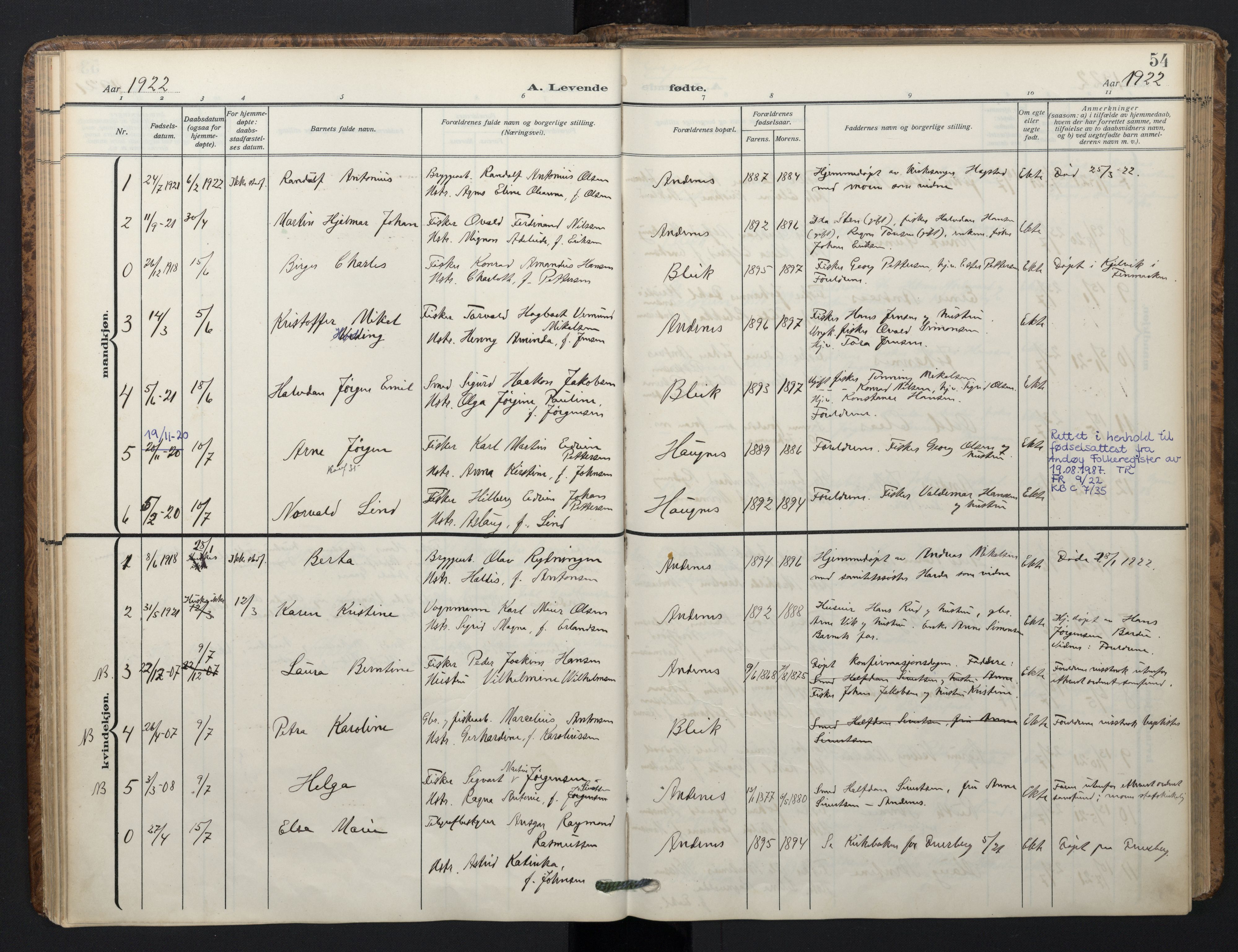 Ministerialprotokoller, klokkerbøker og fødselsregistre - Nordland, SAT/A-1459/899/L1438: Parish register (official) no. 899A06, 1909-1922, p. 54