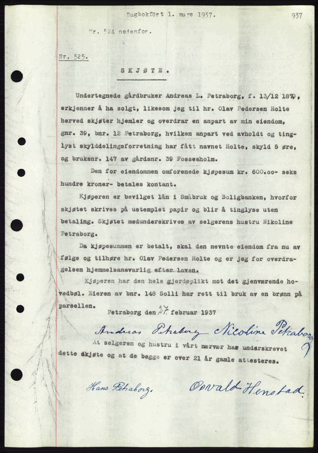 Eiker, Modum og Sigdal sorenskriveri, SAKO/A-123/G/Ga/Gab/L0034: Mortgage book no. A4, 1936-1937, Diary no: : 525/1937