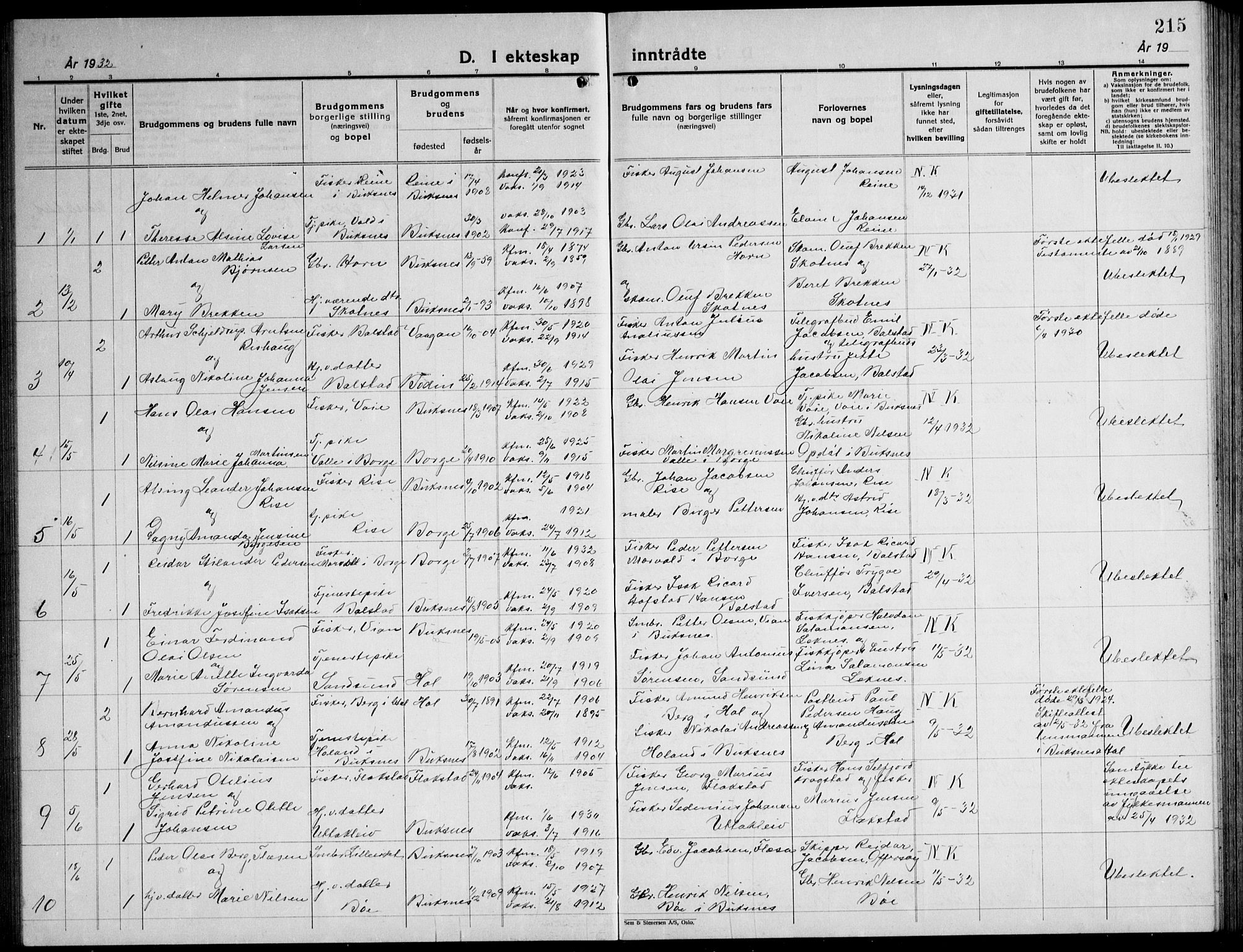 Ministerialprotokoller, klokkerbøker og fødselsregistre - Nordland, AV/SAT-A-1459/881/L1170: Parish register (copy) no. 881C07, 1930-1943, p. 215